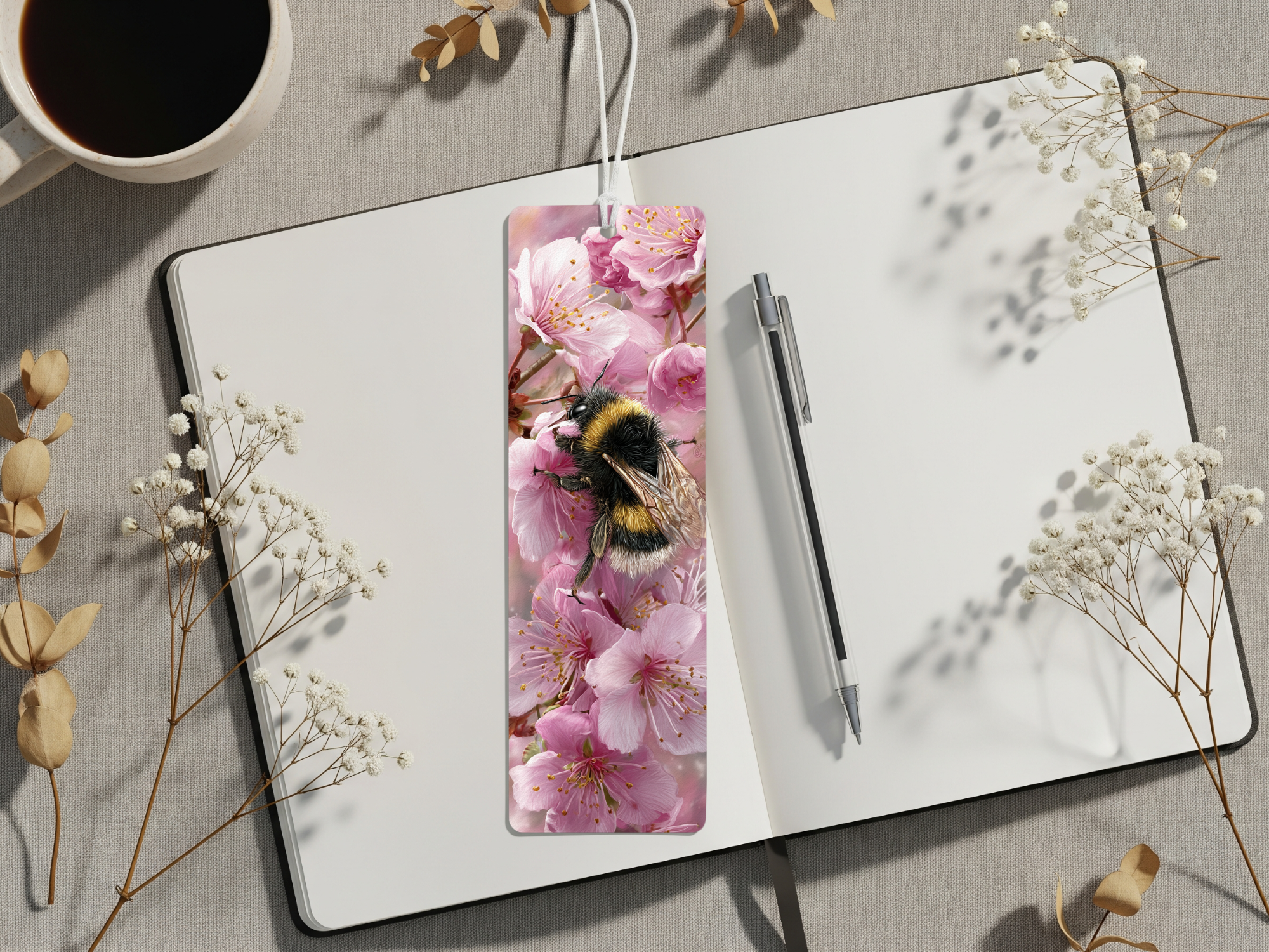 Honeybee aluminum bookmarks featuring a bee on pink flowers, perfect for uplifting reading and journaling.