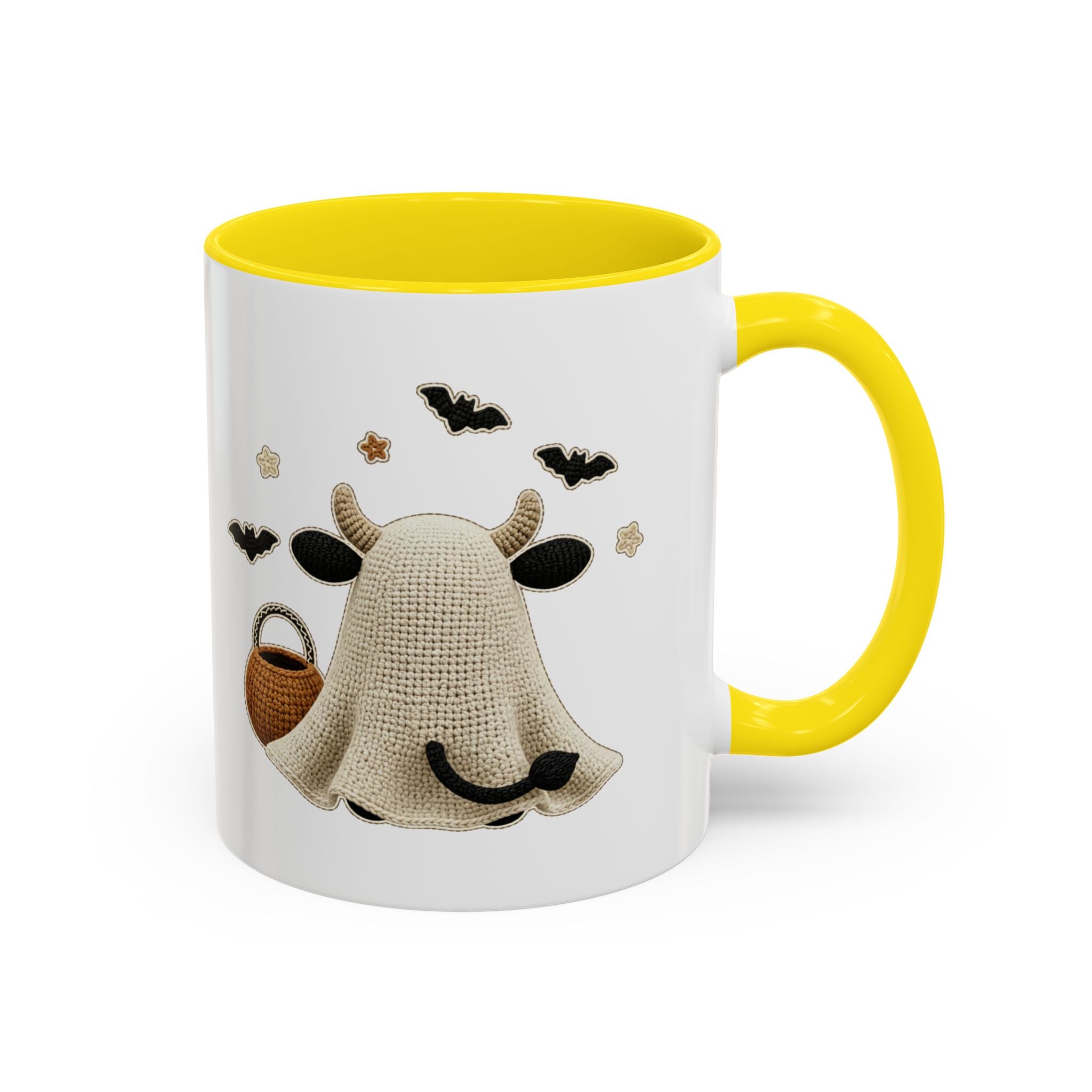 Bullsheet Faux Crochet Accent Coffee Mug — Cute Ghost Cow Trick-or-Treat Design (11oz)