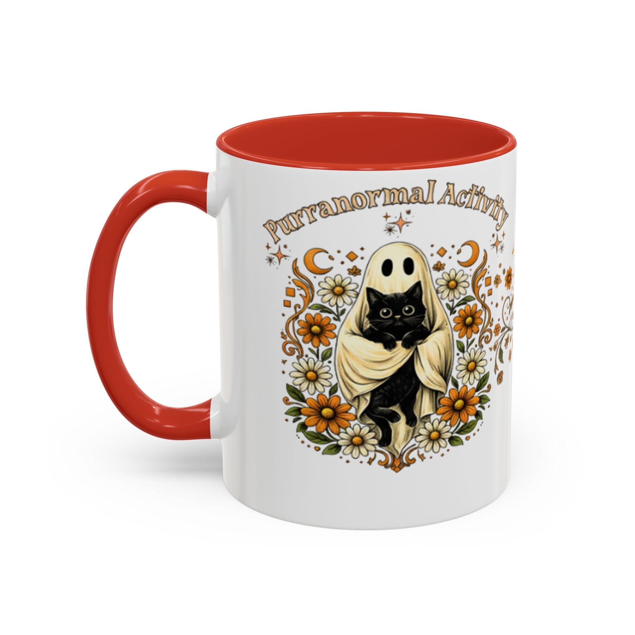 Purranormal Activity Accent Coffee Mug — Black Cat Crescent Moon Floral 11/15oz