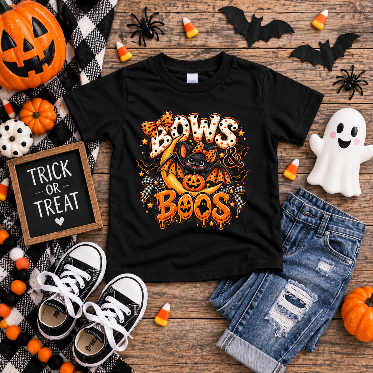 Kids Bows & Boos Halloween Youth T-Shirt TheCraftNook
