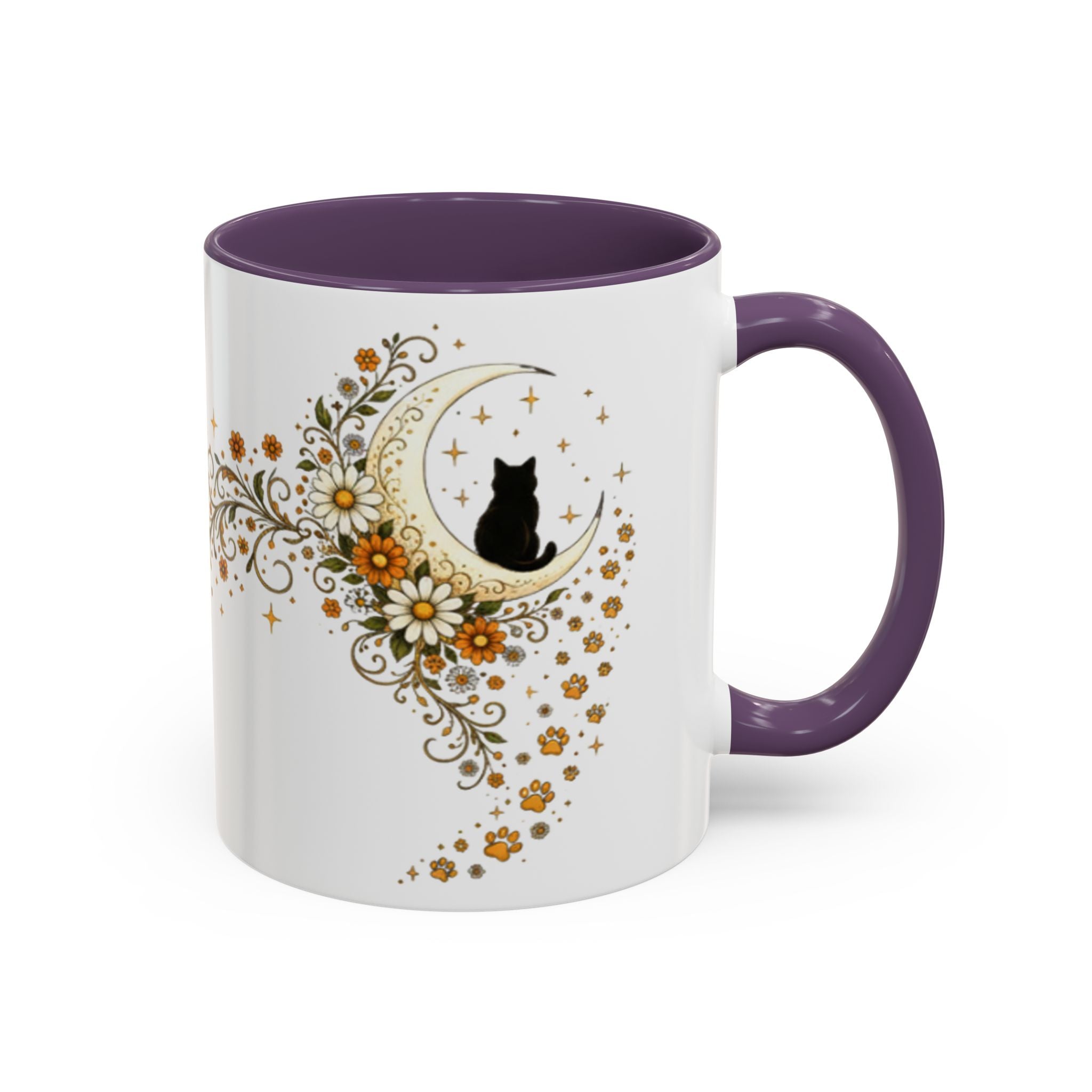 Purranormal Activity Accent Coffee Mug — Black Cat Crescent Moon Floral 11/15oz