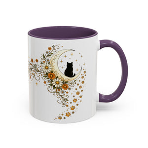 Purranormal Activity Accent Coffee Mug — Black Cat Crescent Moon Floral 11/15oz Printify