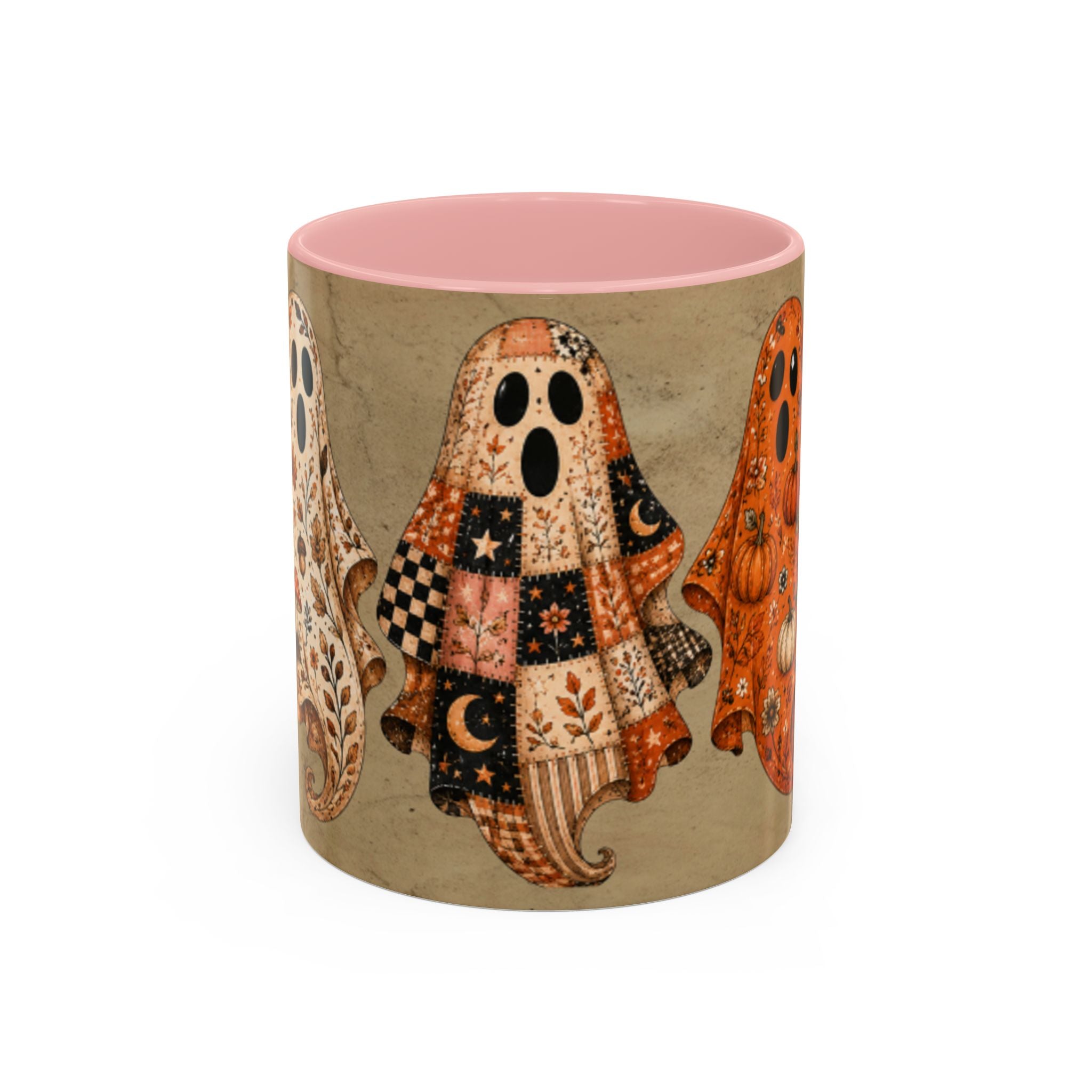 Preppy Ghost Halloween Patchwork Ghost Coffee Mug — Spooky Vintage Accent Ceramic Mug (11/15oz)