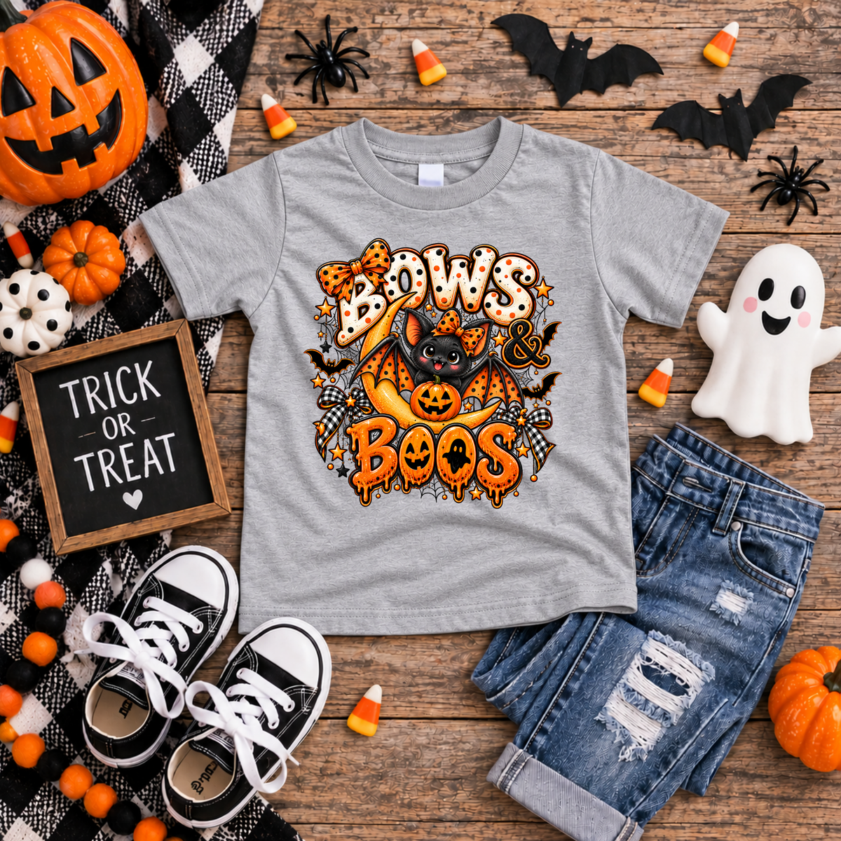 Kids Bows & Boos Halloween Youth T-Shirt TheCraftNook