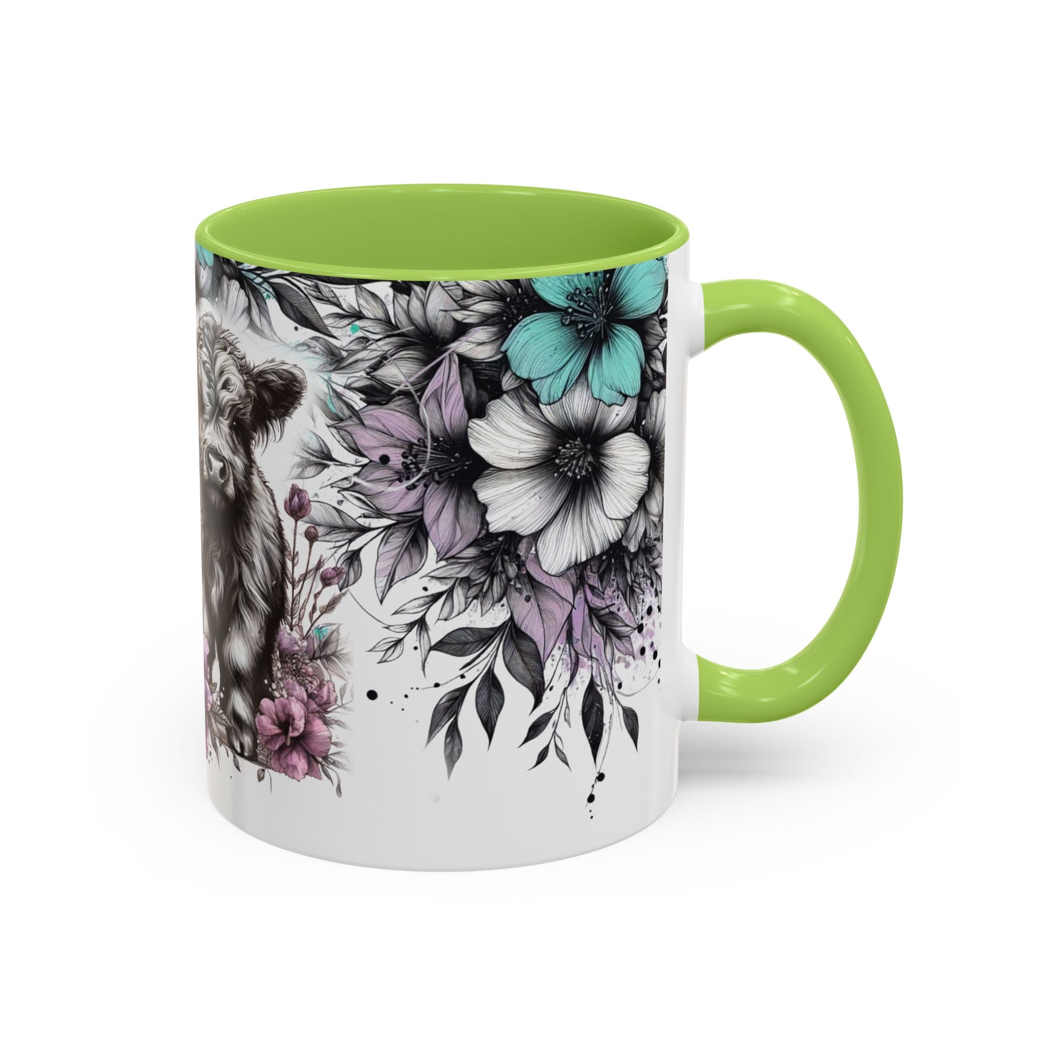 Highland Cow Floral Accent Coffee Mug — Cute Rustic Farmhouse Kitchen Gift