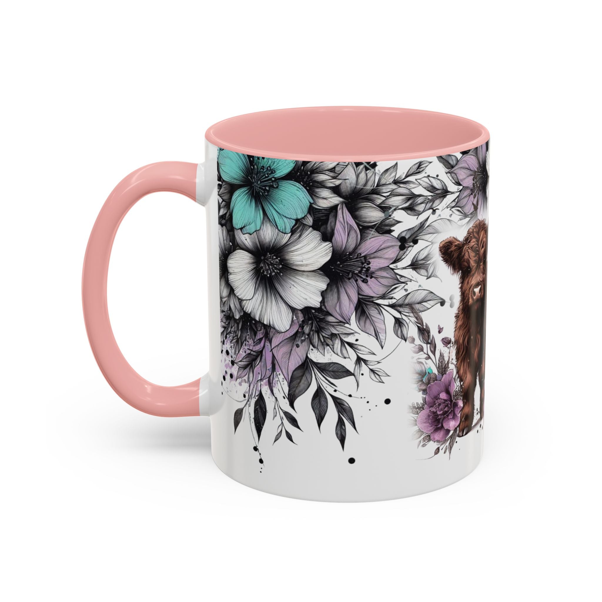 Highland Cow Floral Accent Coffee Mug — Cute Rustic Farmhouse Kitchen Gift