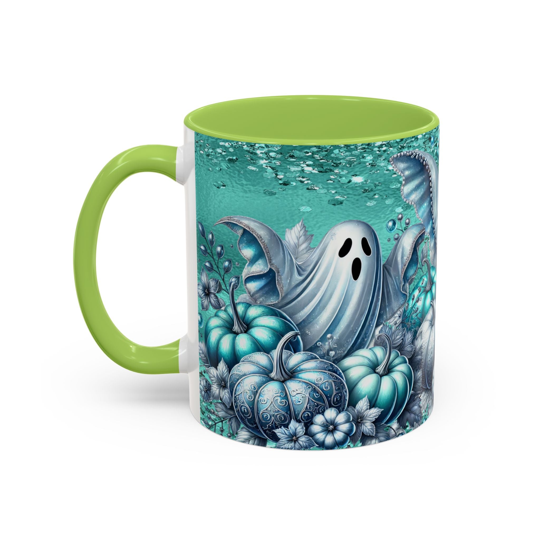 Teal Ghosts & Pumpkins Coffee Mug — Halloween Accent Mug (11/15 oz)