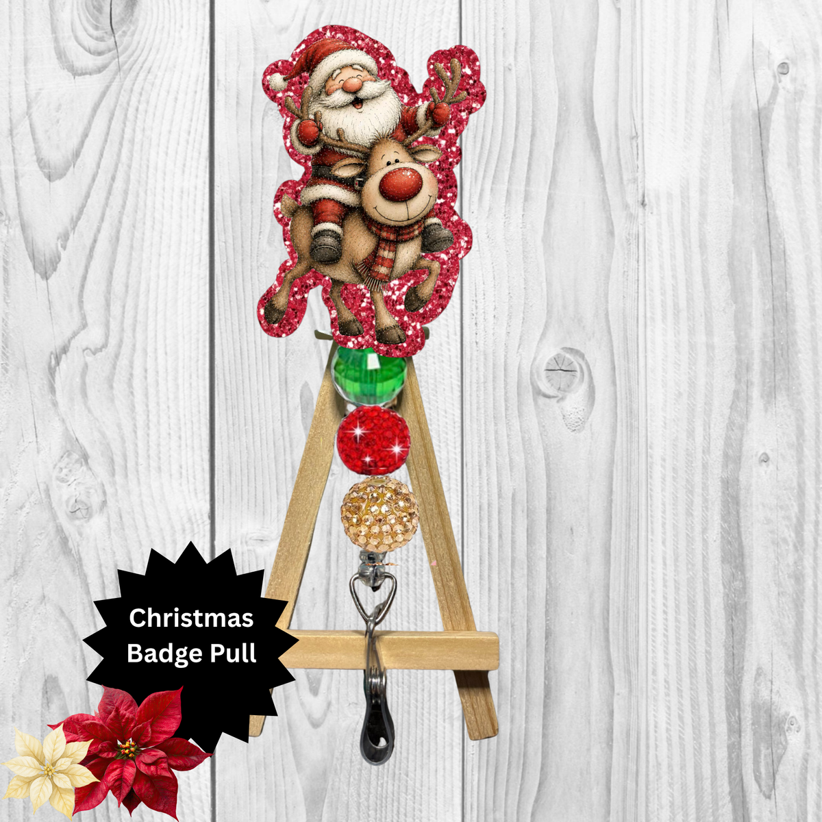 Santa and Rudolph Glitter Badge Pull | Badge Reel TheCraftNook