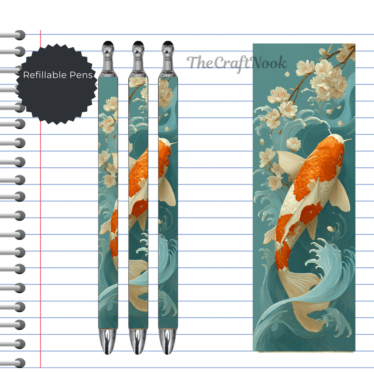 Koi Fish Refillable Pens, multiple options and Images available. TheCraftNook