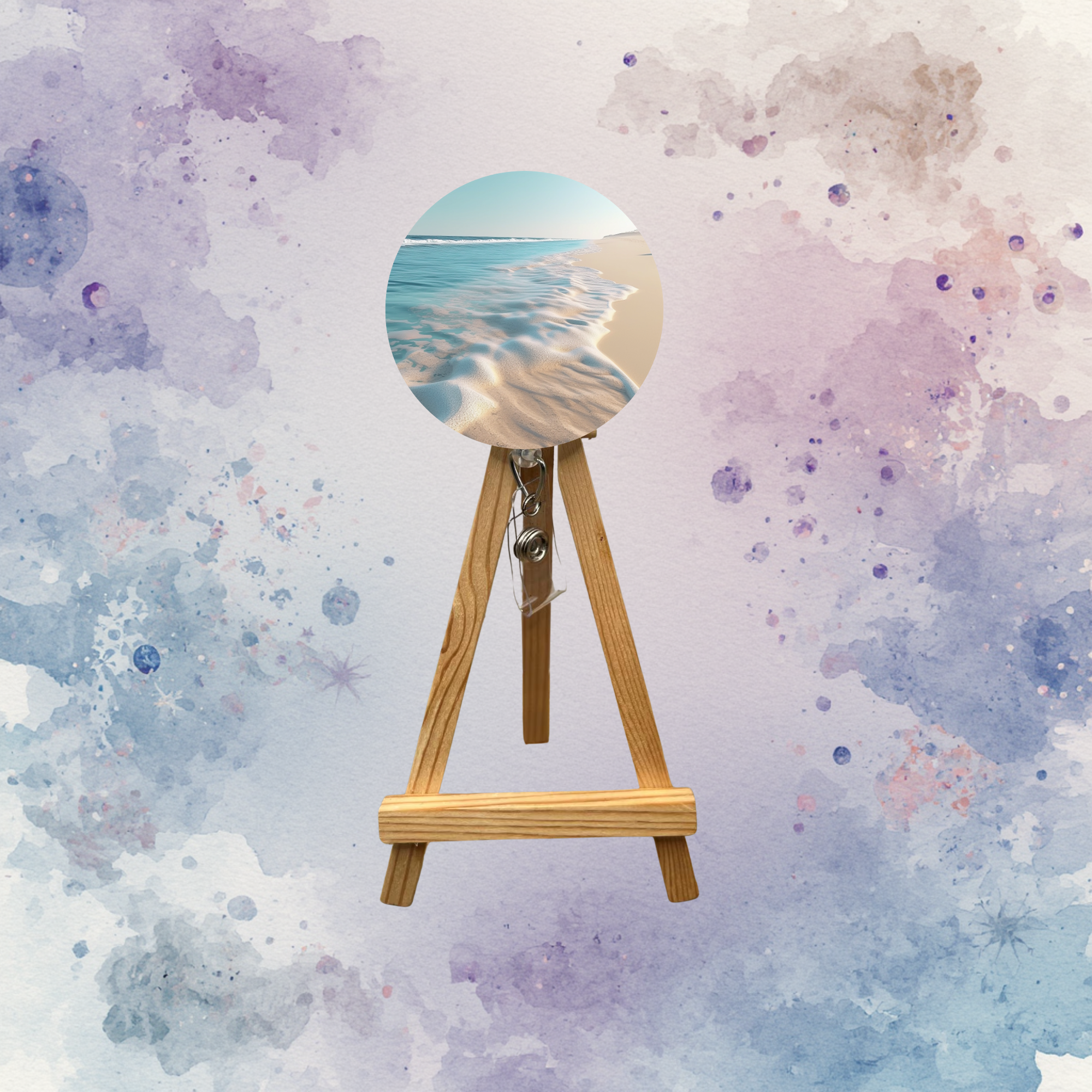 Beach badge pulls with glitter options displayed on a wooden easel against a colorful background.