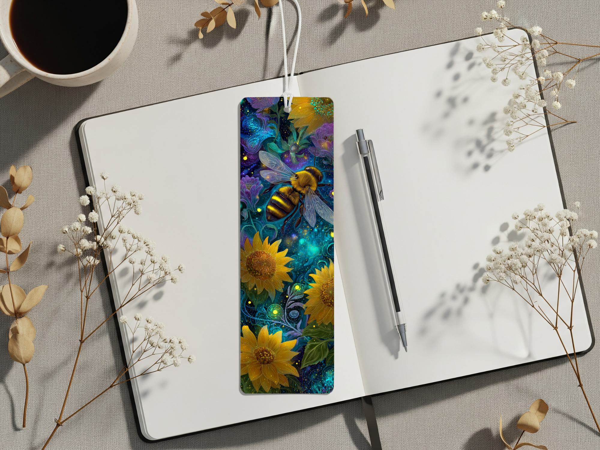 Honeybee aluminum bookmarks featuring vibrant floral designs on a serene notebook setup with coffee and greenery.