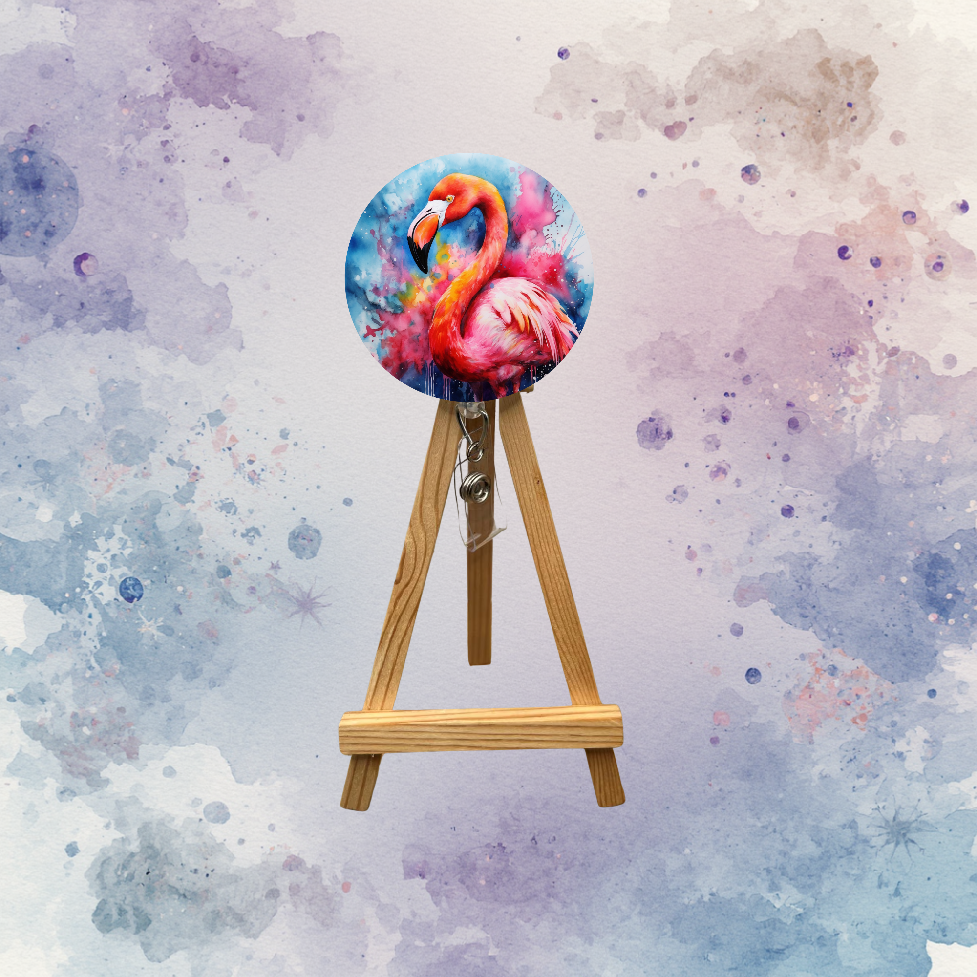 Pink Paradise Flamingo badge pulls with beads displayed on a mini easel against a colorful watercolor background.