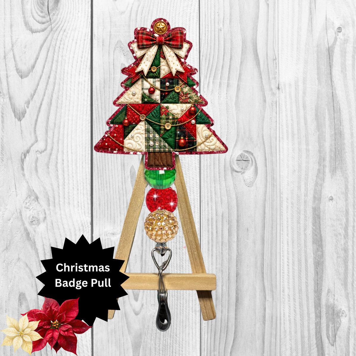 Patchwork Christmas Tree Glitter Badge Pull | Christmas Badge Reel Accessory TheCraftNook