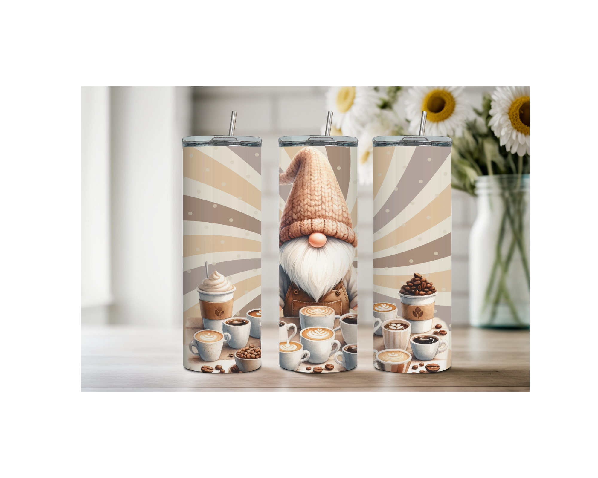 20 oz stainless steel coffee tumbler design with cozy café vibes and coffee illustrations.