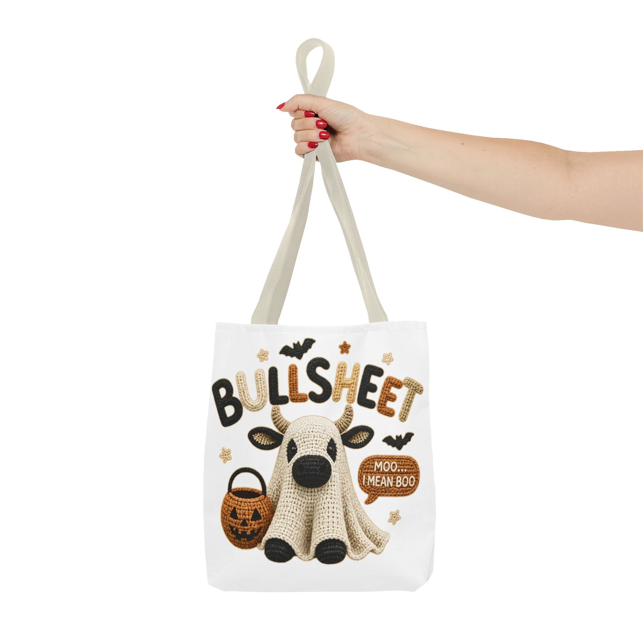 Bullsheet Halloween Faux Crochet Tote Bag — Cute Cow Ghost Trick-or-Treat Bag