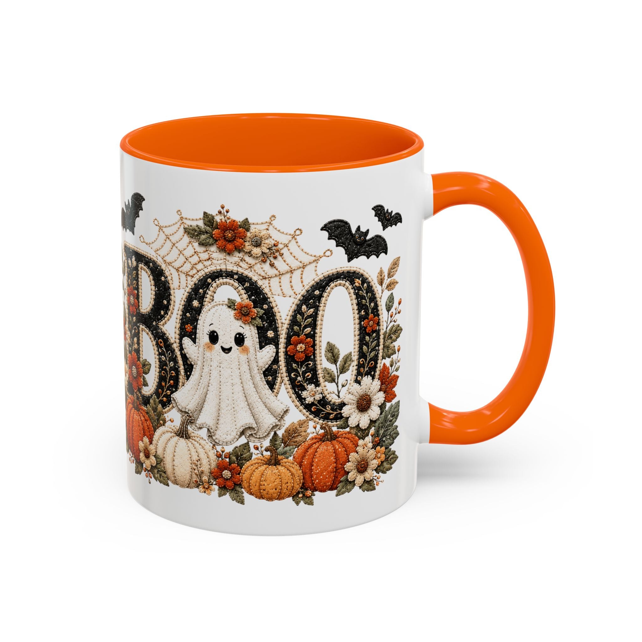 Cute Boo Coffee Mug — Cute Ghost, Pumpkins & Autumn Floral Accent Mug (11oz)