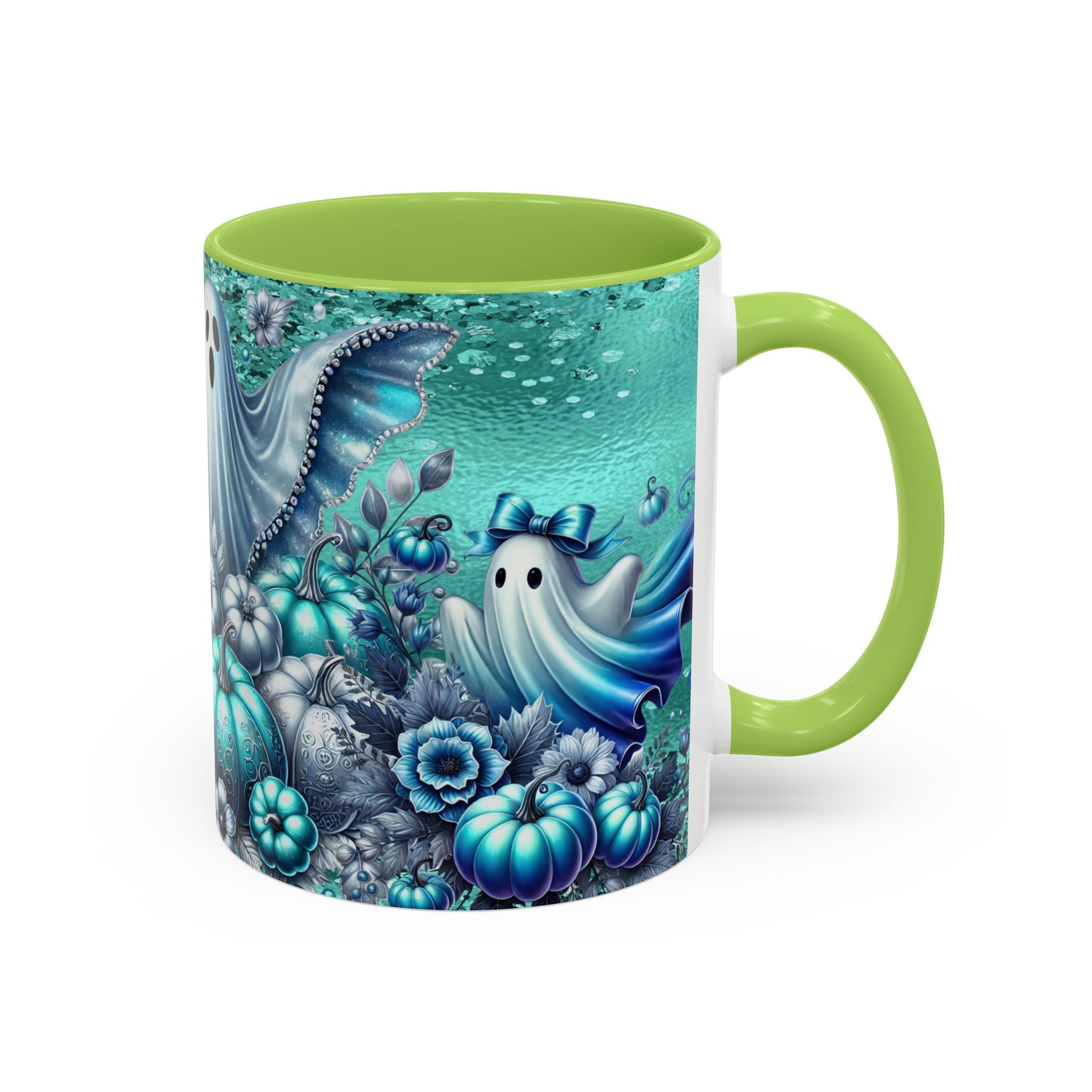 Teal Ghosts & Pumpkins Coffee Mug — Halloween Accent Mug (11/15 oz)