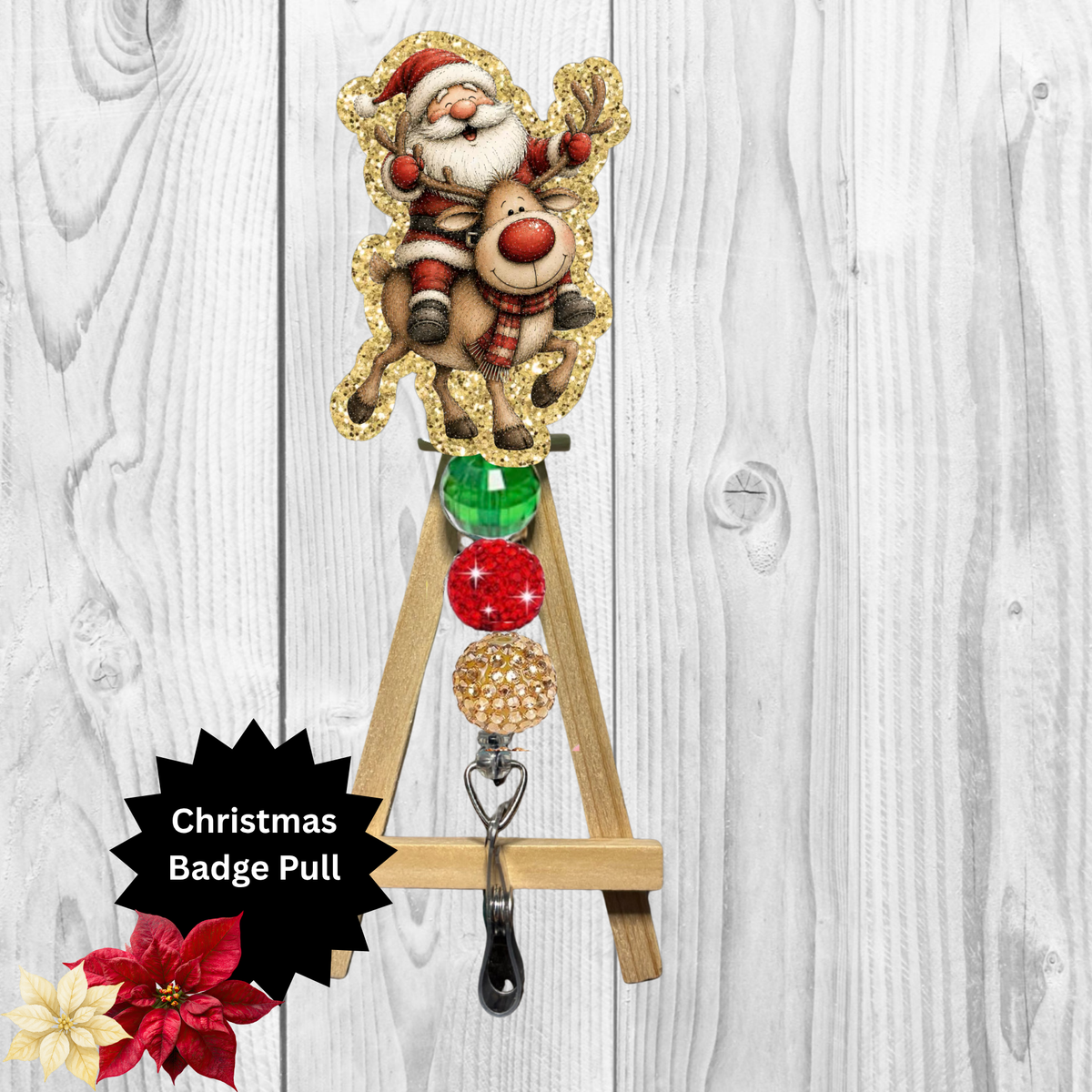Santa and Rudolph Glitter Badge Pull | Badge Reel TheCraftNook