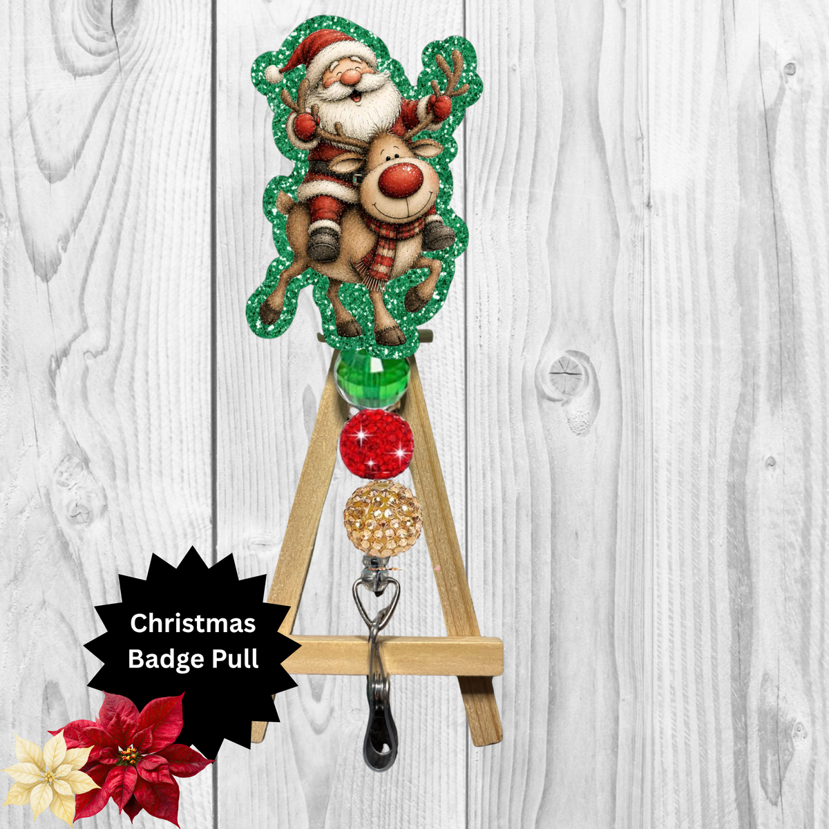 Santa and Rudolph Glitter Badge Pull | Badge Reel TheCraftNook