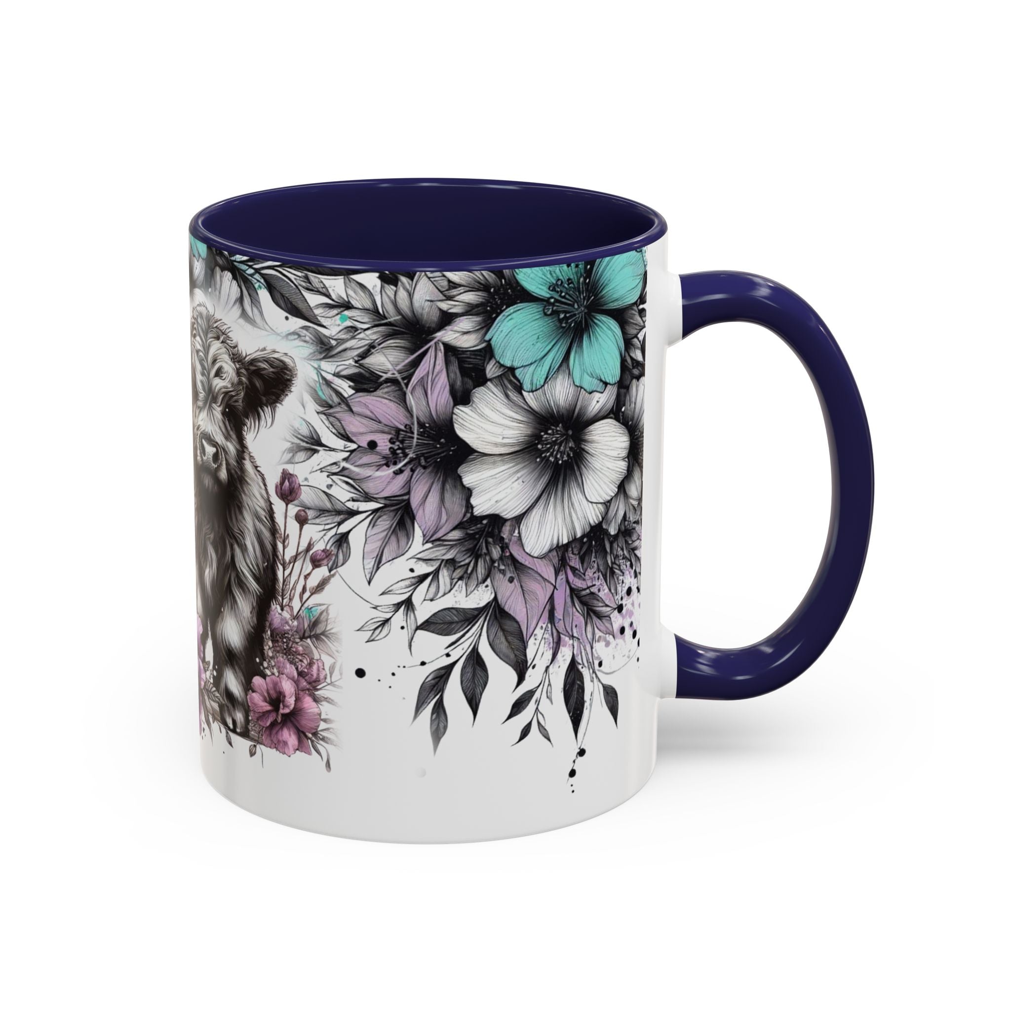 Highland Cow Floral Accent Coffee Mug — Cute Rustic Farmhouse Kitchen Gift