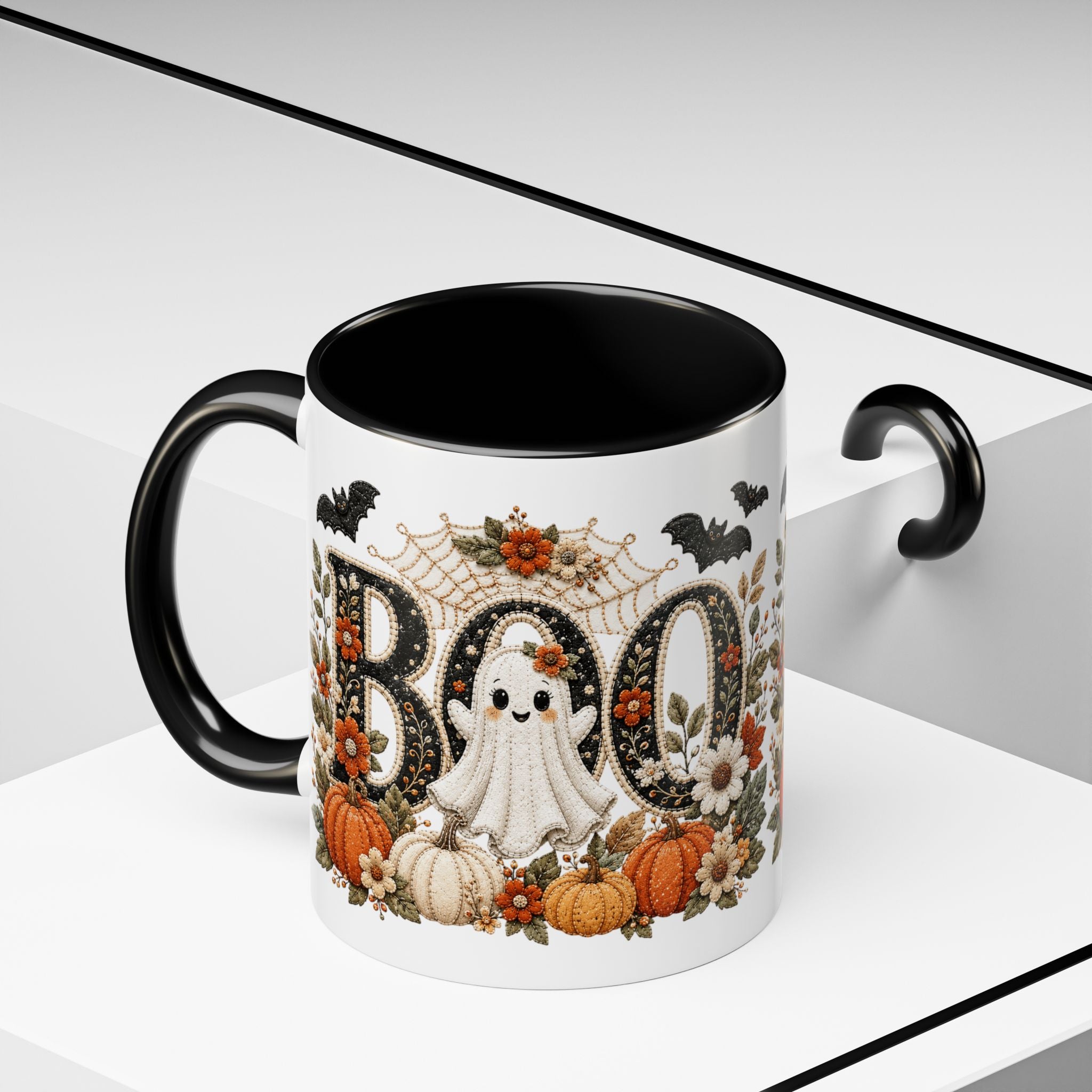 Cute Boo Coffee Mug — Cute Ghost, Pumpkins & Autumn Floral Accent Mug (11oz)