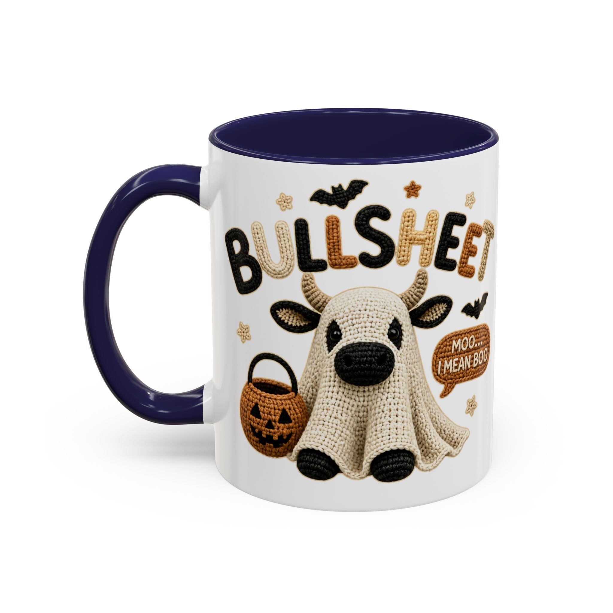 Bullsheet Faux Crochet Accent Coffee Mug — Cute Ghost Cow Trick-or-Treat Design (11oz)
