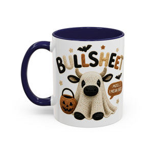 Bullsheet Faux Crochet Accent Coffee Mug — Cute Ghost Cow Trick-or-Treat Design (11oz) Printify