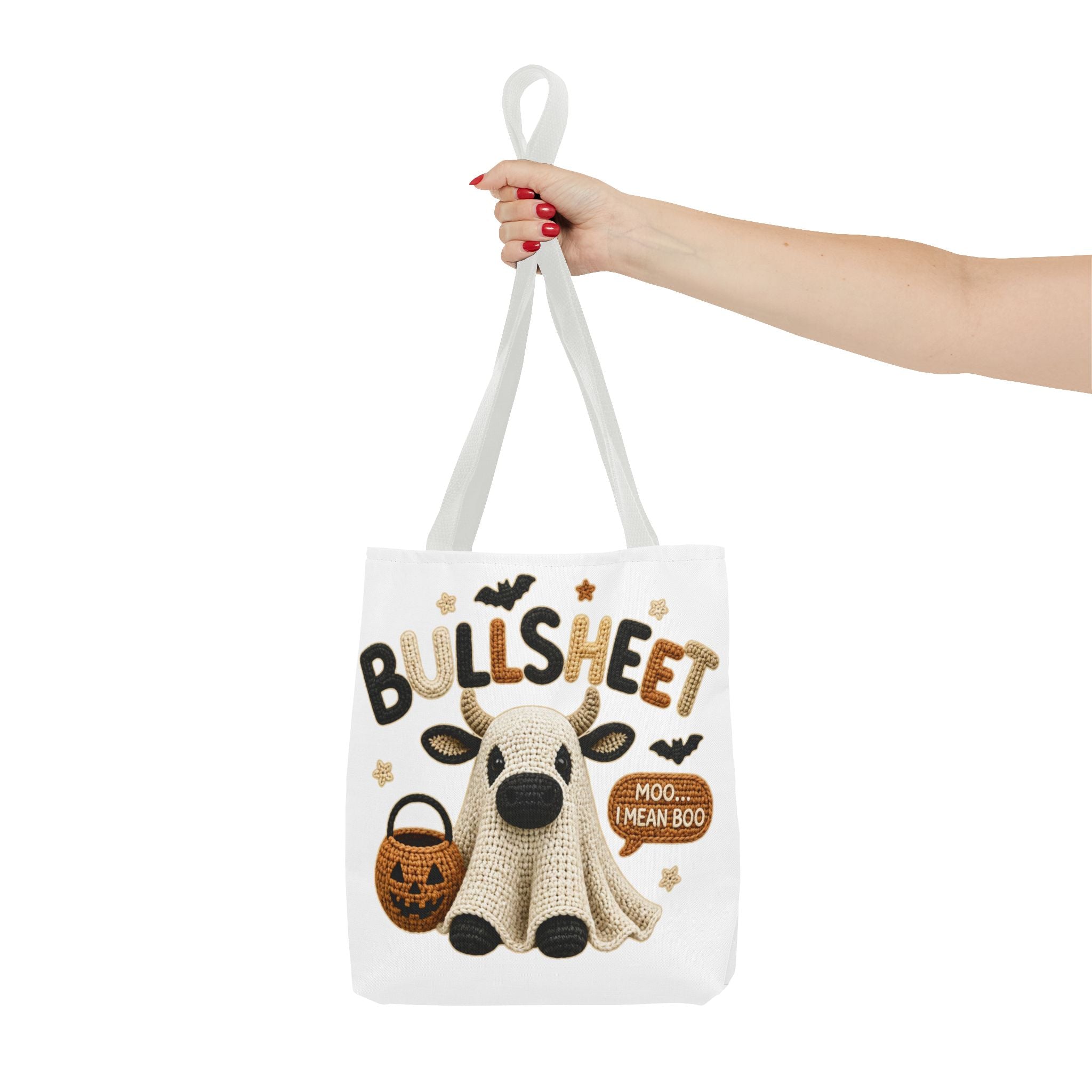 Bullsheet Halloween Faux Crochet Tote Bag — Cute Cow Ghost Trick-or-Treat Bag