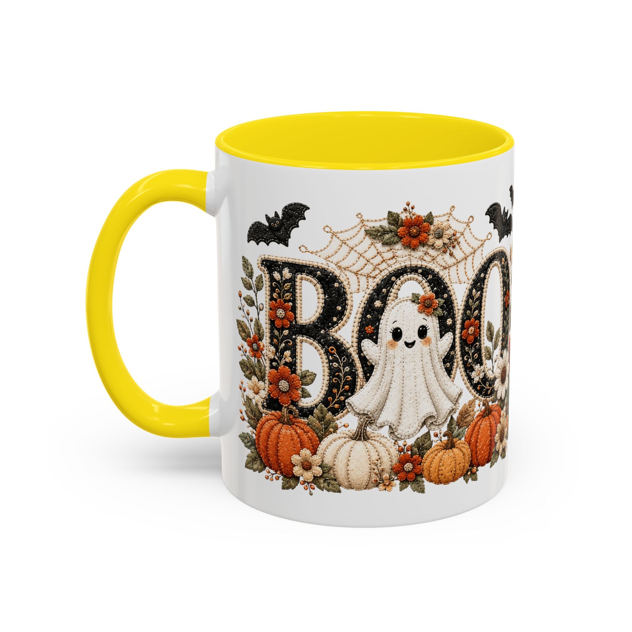 Cute Boo Coffee Mug — Cute Ghost, Pumpkins & Autumn Floral Accent Mug (11oz)