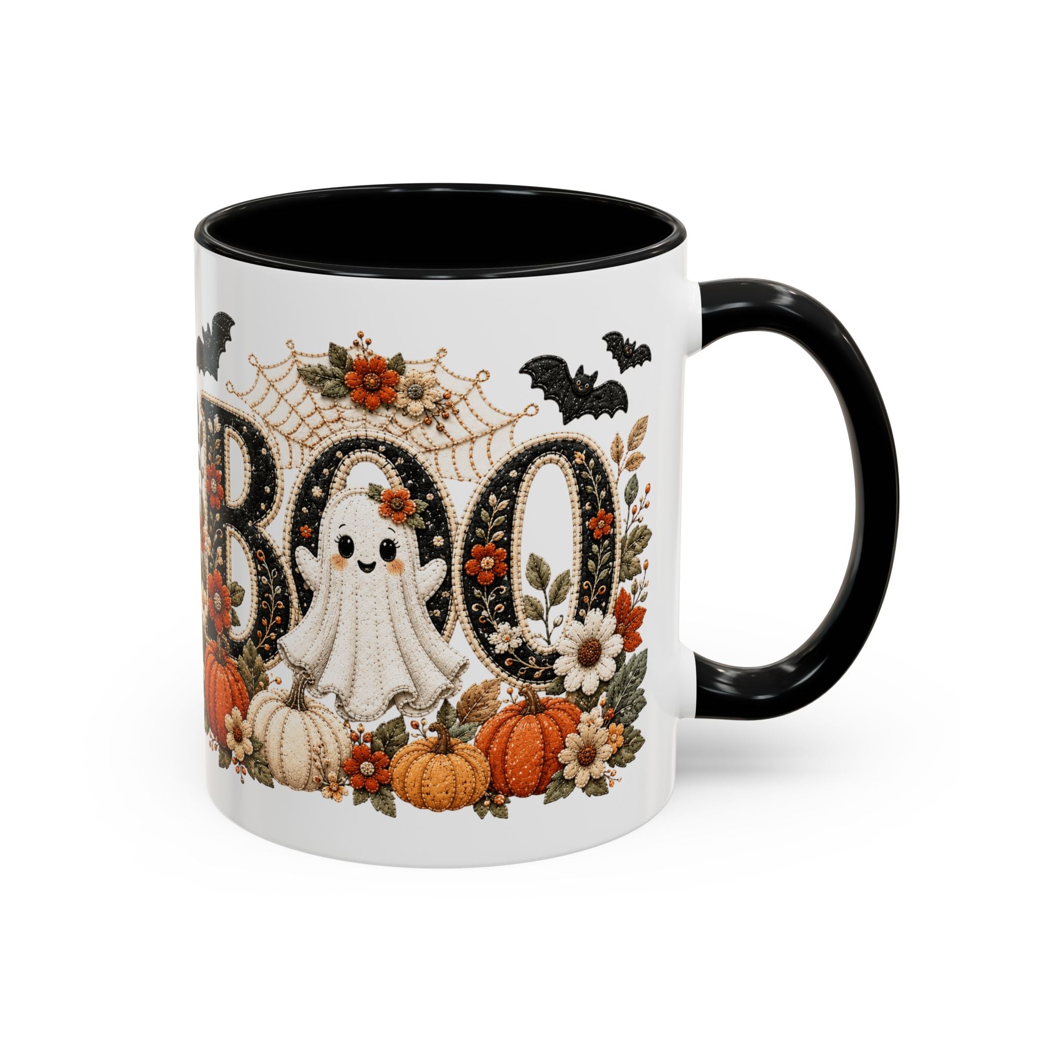 Cute Boo Coffee Mug — Cute Ghost, Pumpkins & Autumn Floral Accent Mug (11oz)