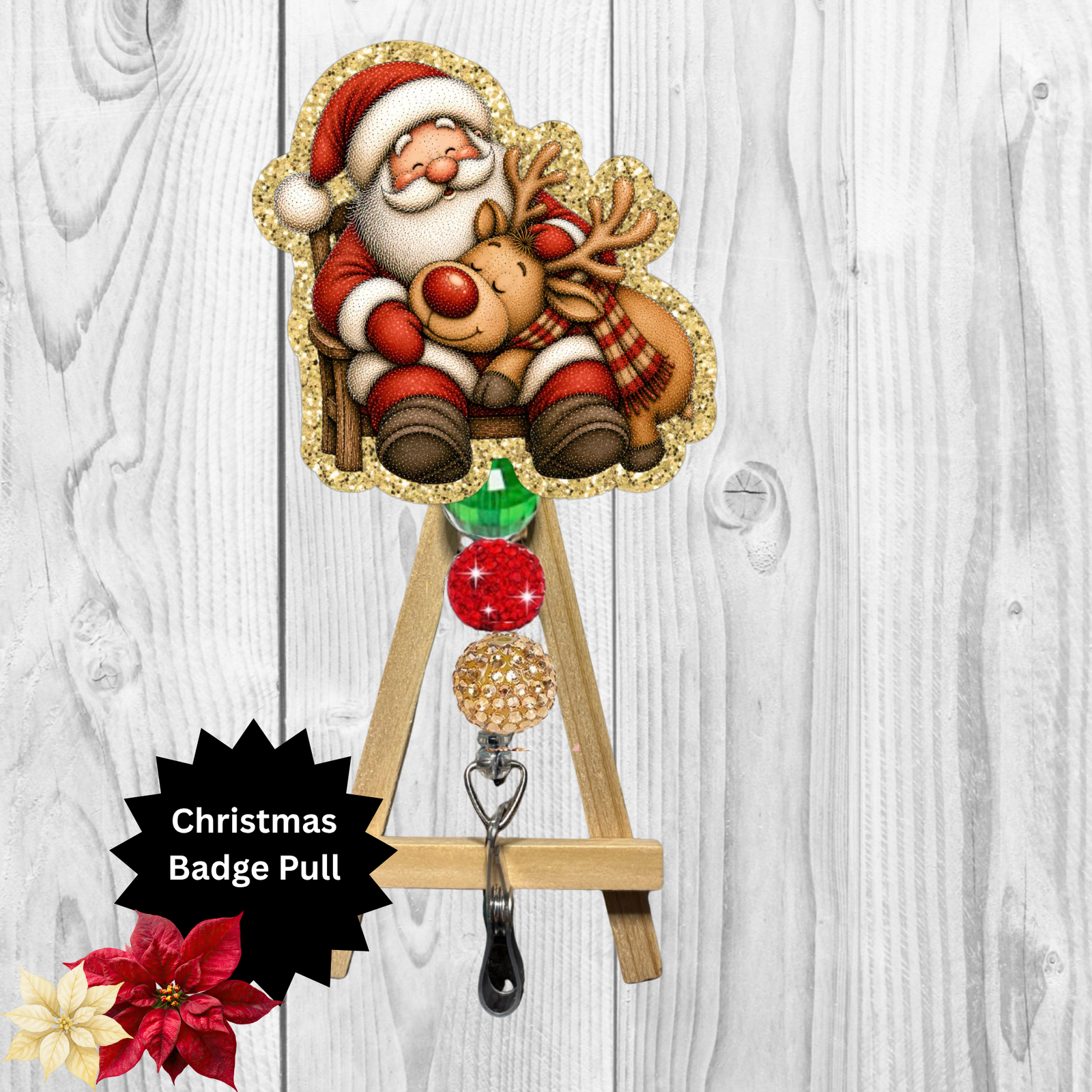 Santa and Rudolph Cuddles Glitter Badge Pull | Badge Reel TheCraftNook