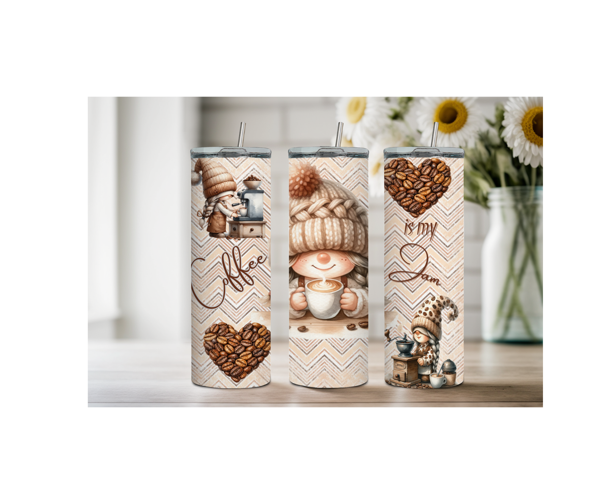 Brew‑tiful Day 20 oz stainless steel coffee tumbler with cute coffee-themed designs and cozy colors.