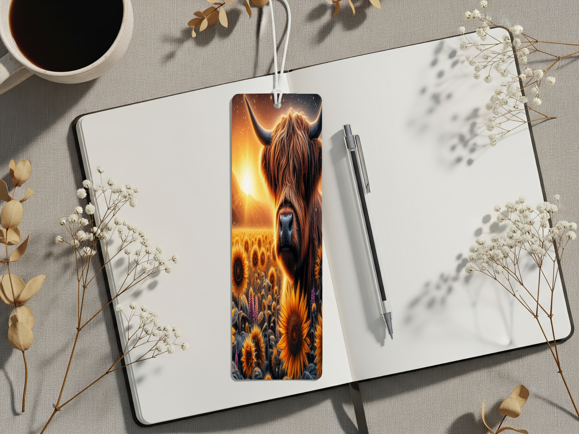 Highland cow metal bookmarks featuring vibrant sunflowers, perfect for book lovers.