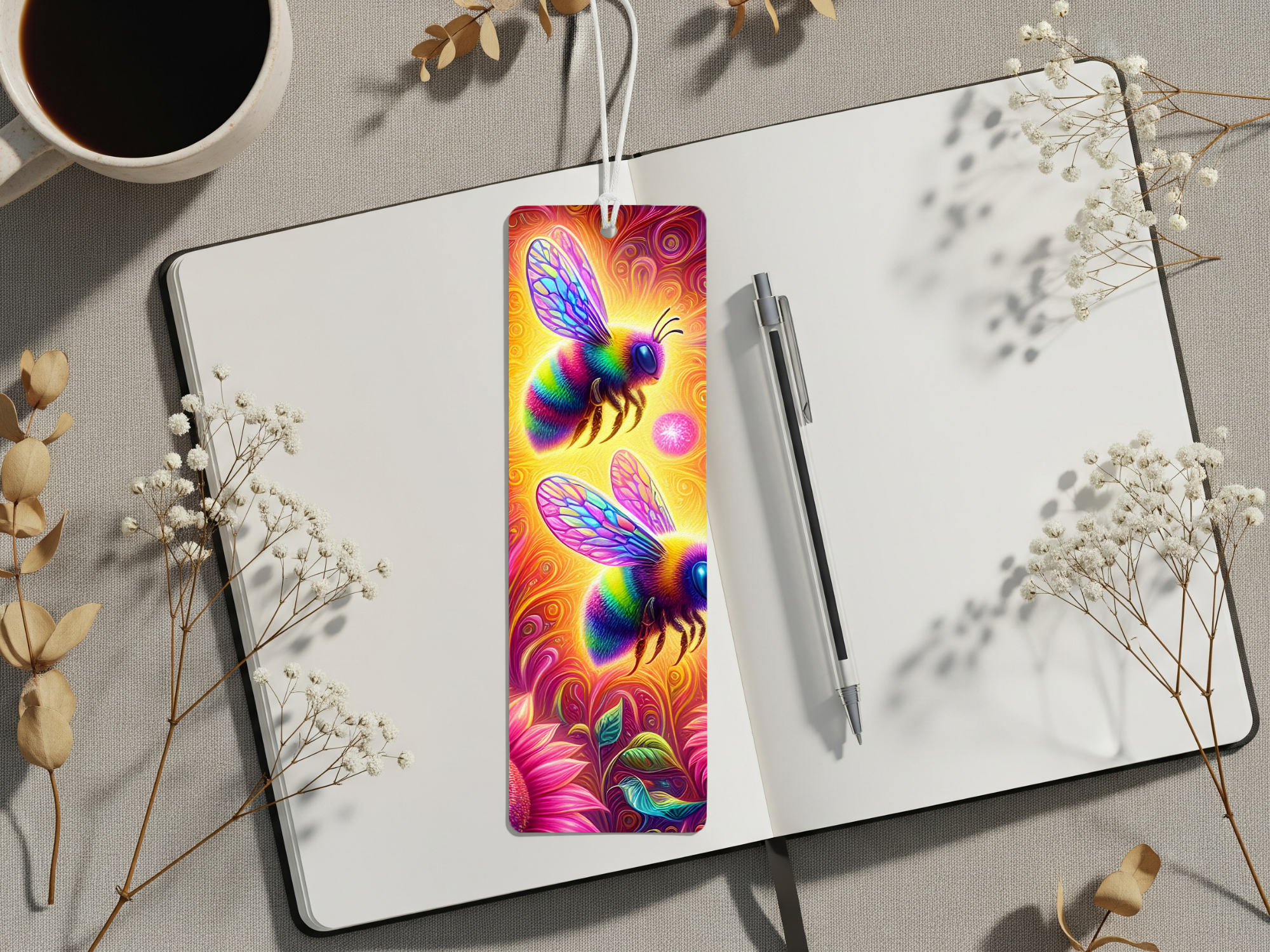 Colorful honeybee aluminum bookmarks displayed on a notebook with flowers, adding charm and positivity.