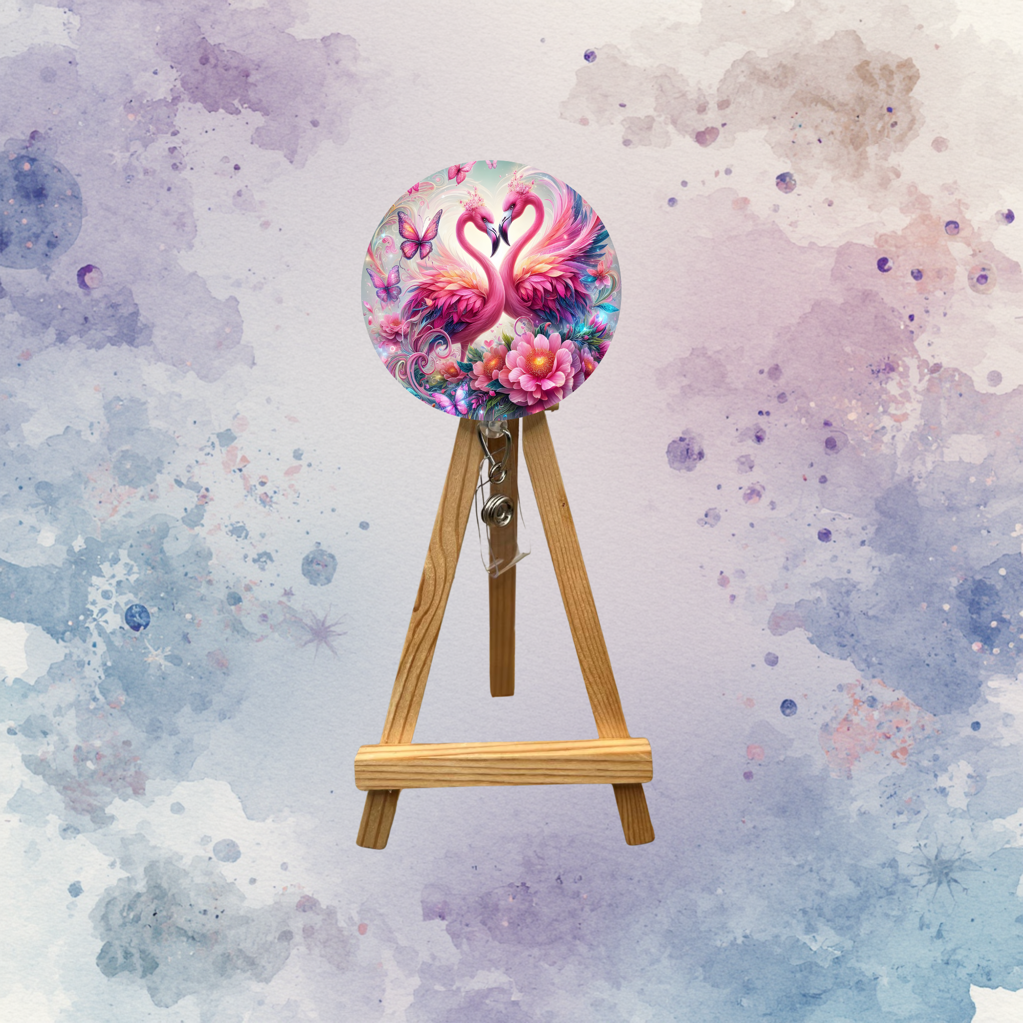 Flamingo badge pulls with beads on a wooden easel showcasing colorful tropical design with butterflies and flowers.