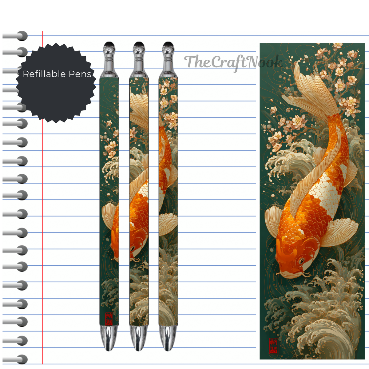 Koi Fish Refillable Pens, multiple options and Images available. TheCraftNook