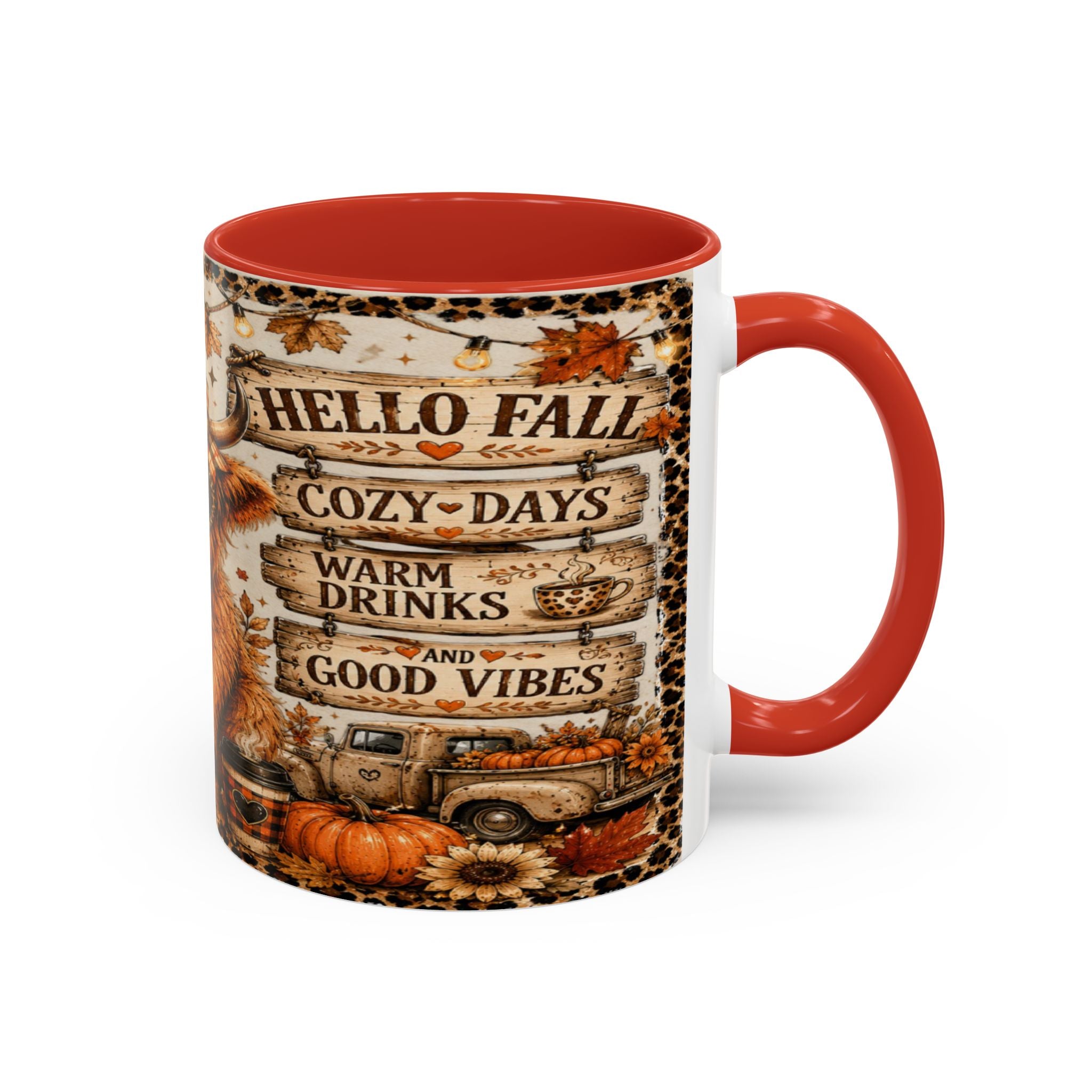 Hello Fall Accent Coffee Mug — Cozy Days, Warm Drinks & Good Vibes Autumn Mug