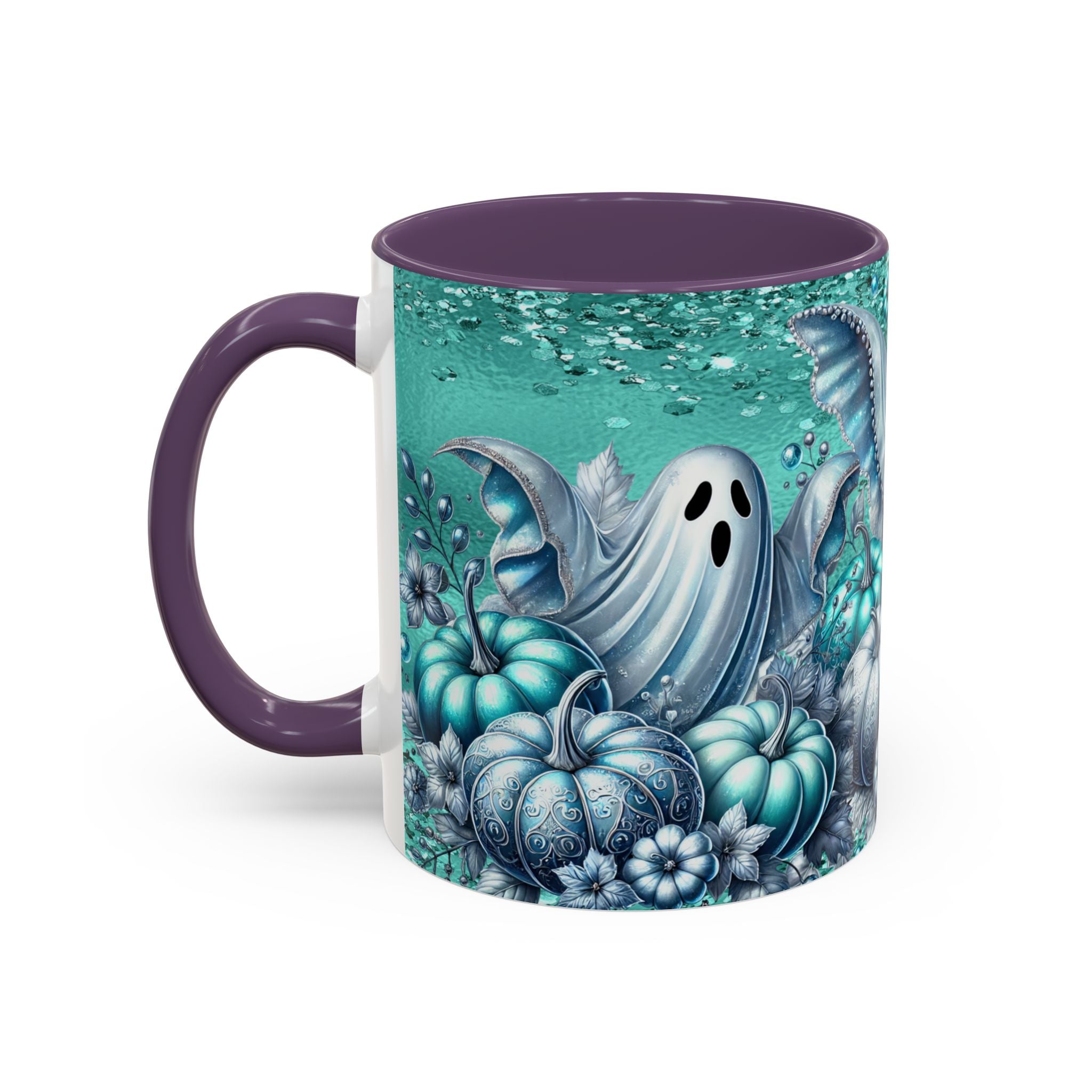 Teal Ghosts & Pumpkins Coffee Mug — Halloween Accent Mug (11/15 oz)