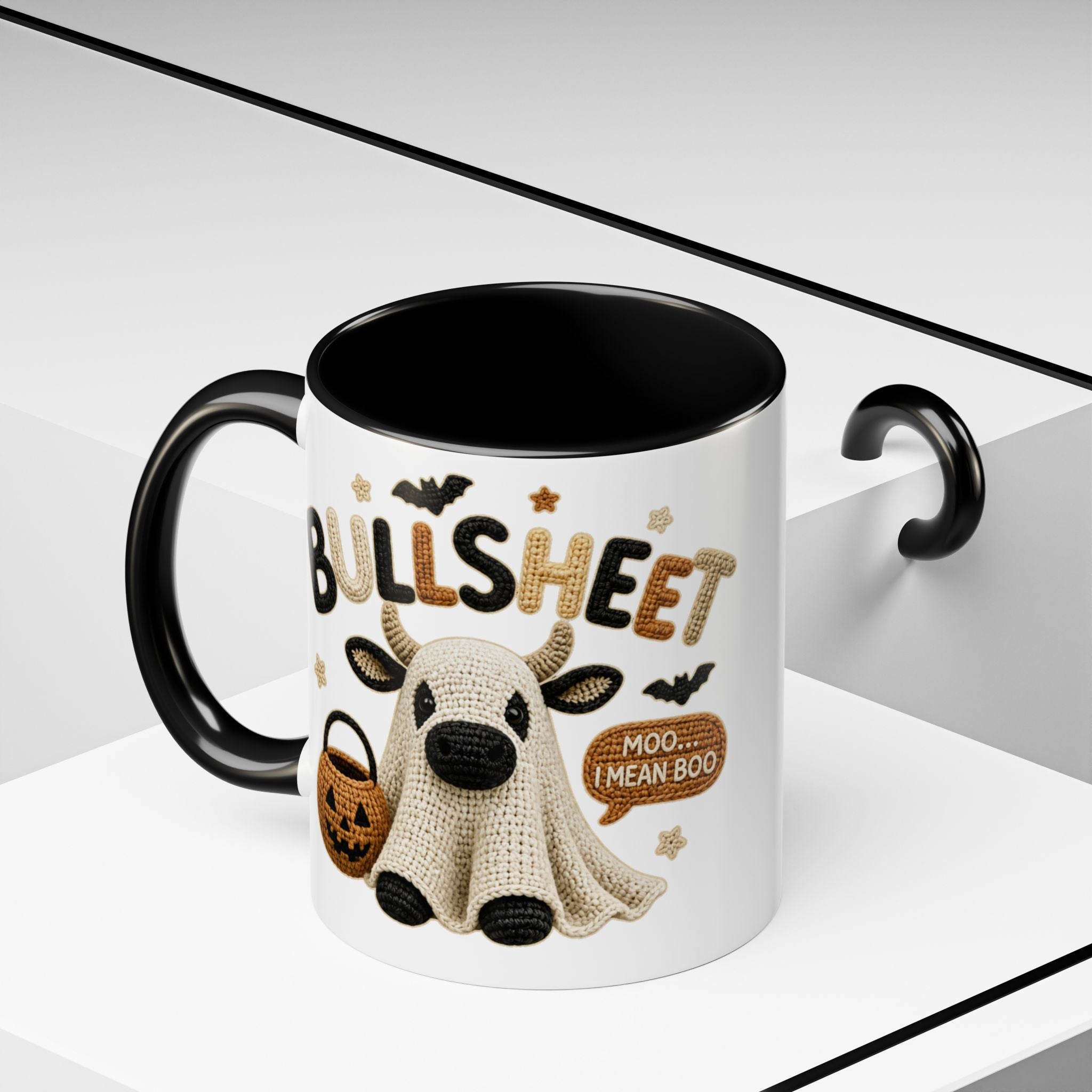 Bullsheet Faux Crochet Accent Coffee Mug — Cute Ghost Cow Trick-or-Treat Design (11oz)