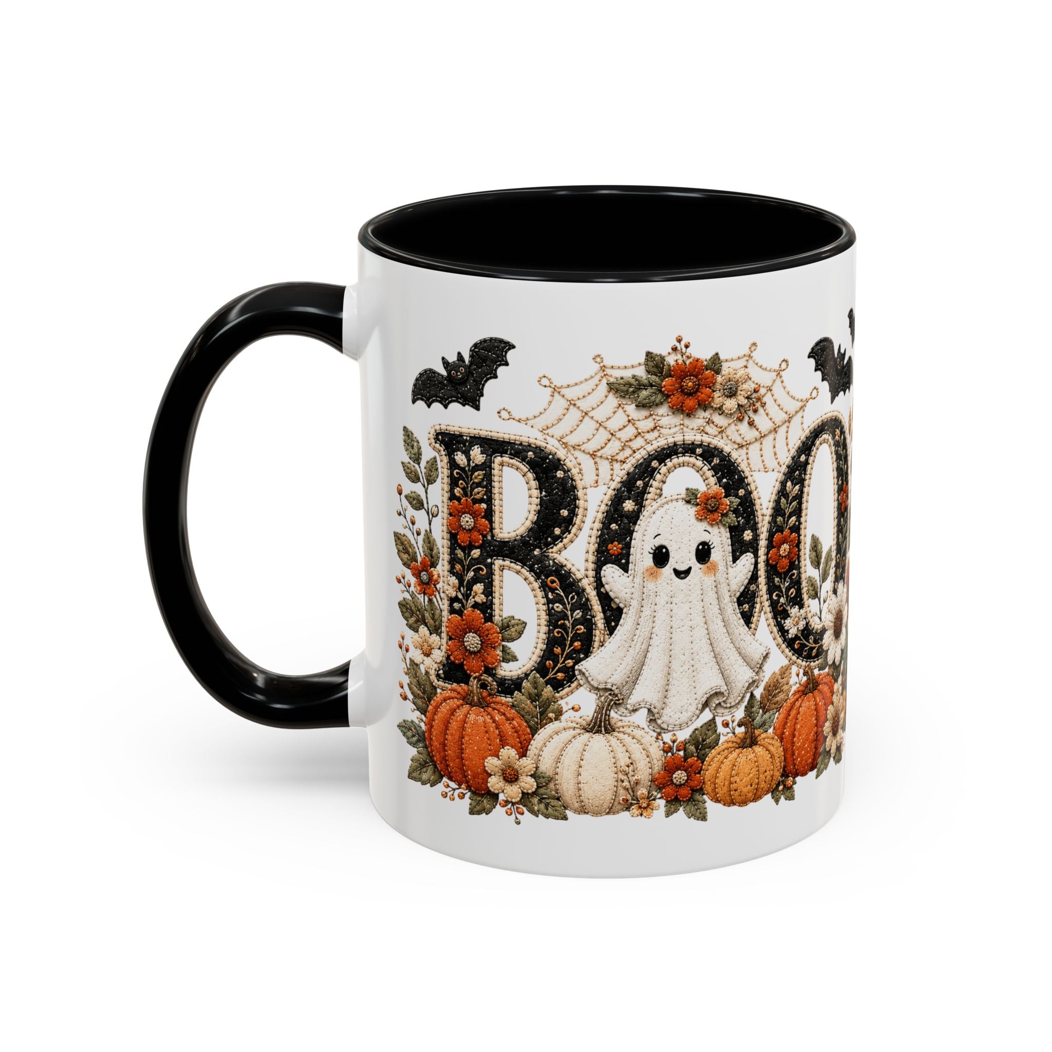Cute Boo Coffee Mug — Cute Ghost, Pumpkins & Autumn Floral Accent Mug (11oz)