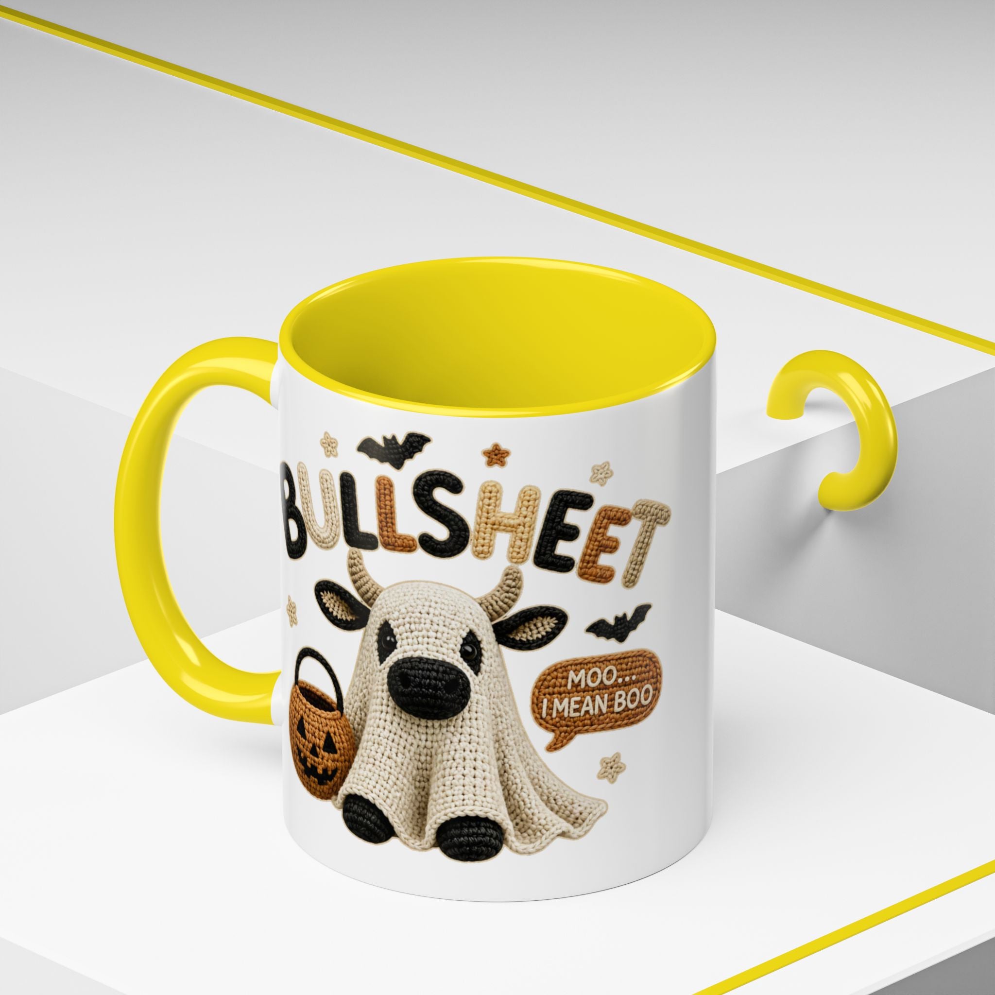 Bullsheet Faux Crochet Accent Coffee Mug — Cute Ghost Cow Trick-or-Treat Design (11oz)