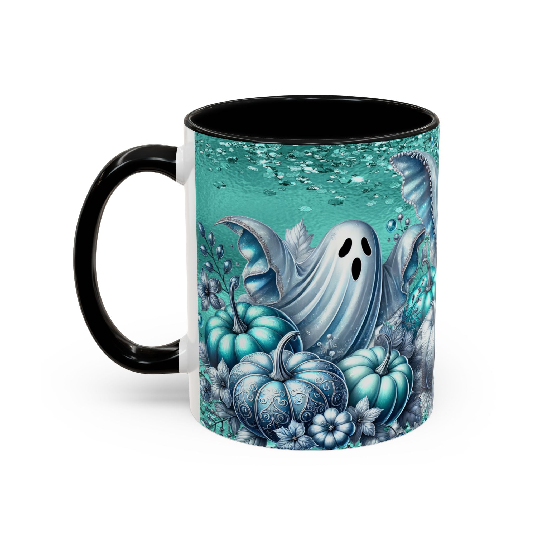 Teal Ghosts & Pumpkins Coffee Mug — Halloween Accent Mug (11/15 oz)