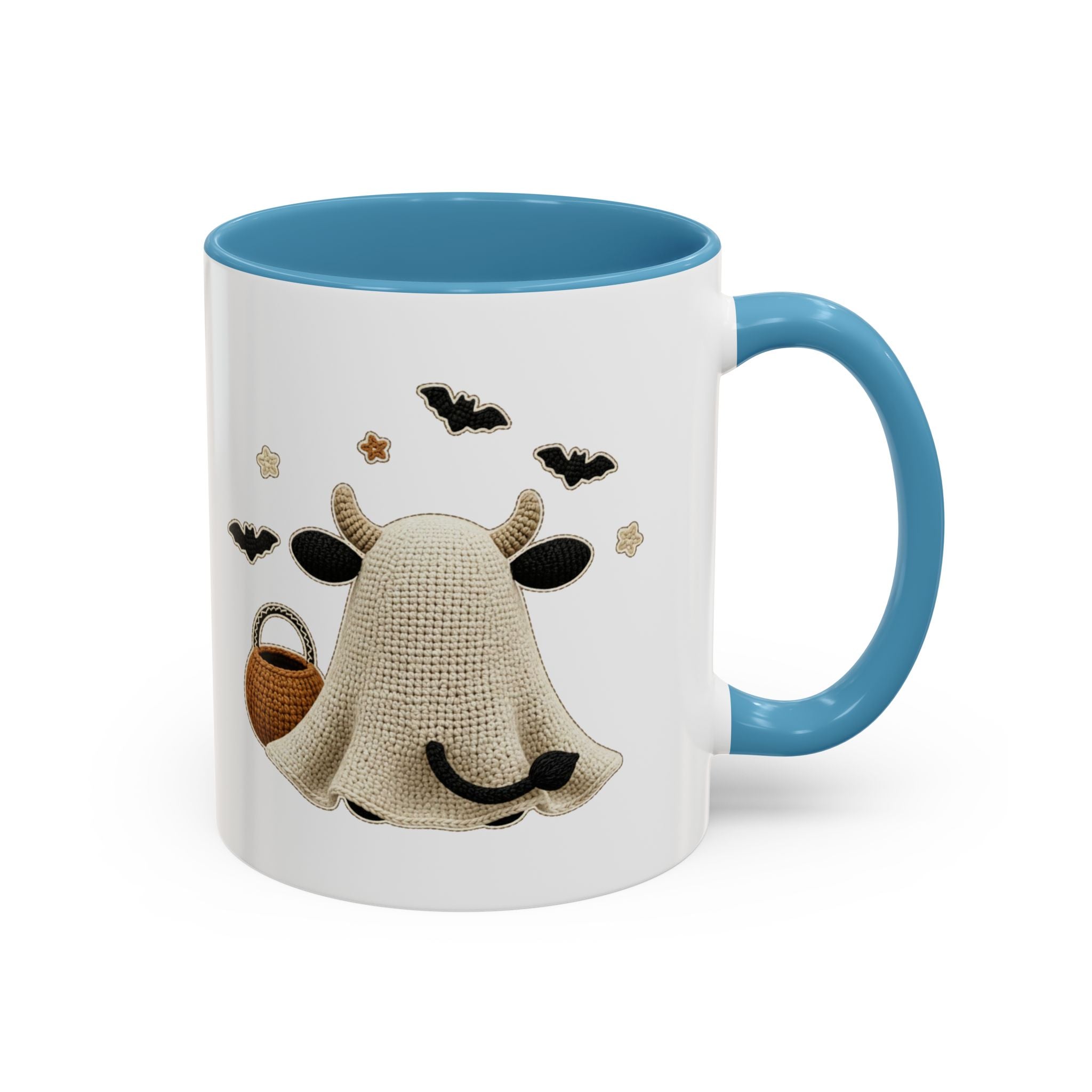 Bullsheet Faux Crochet Accent Coffee Mug — Cute Ghost Cow Trick-or-Treat Design (11oz)