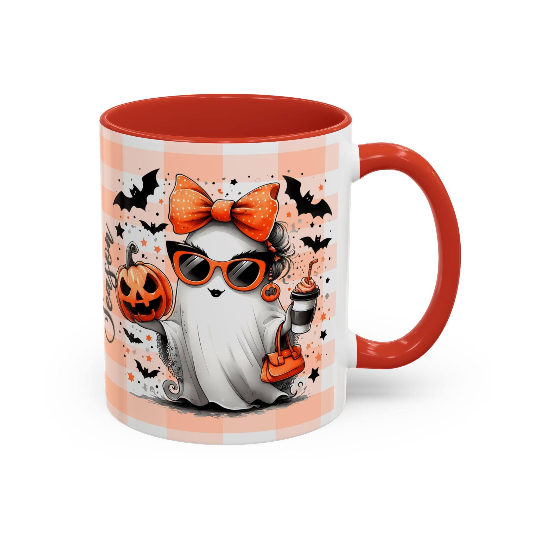 Spooky Season Accent Coffee Mug — Cute Halloween Ghost with Pumpkins (11/15oz)