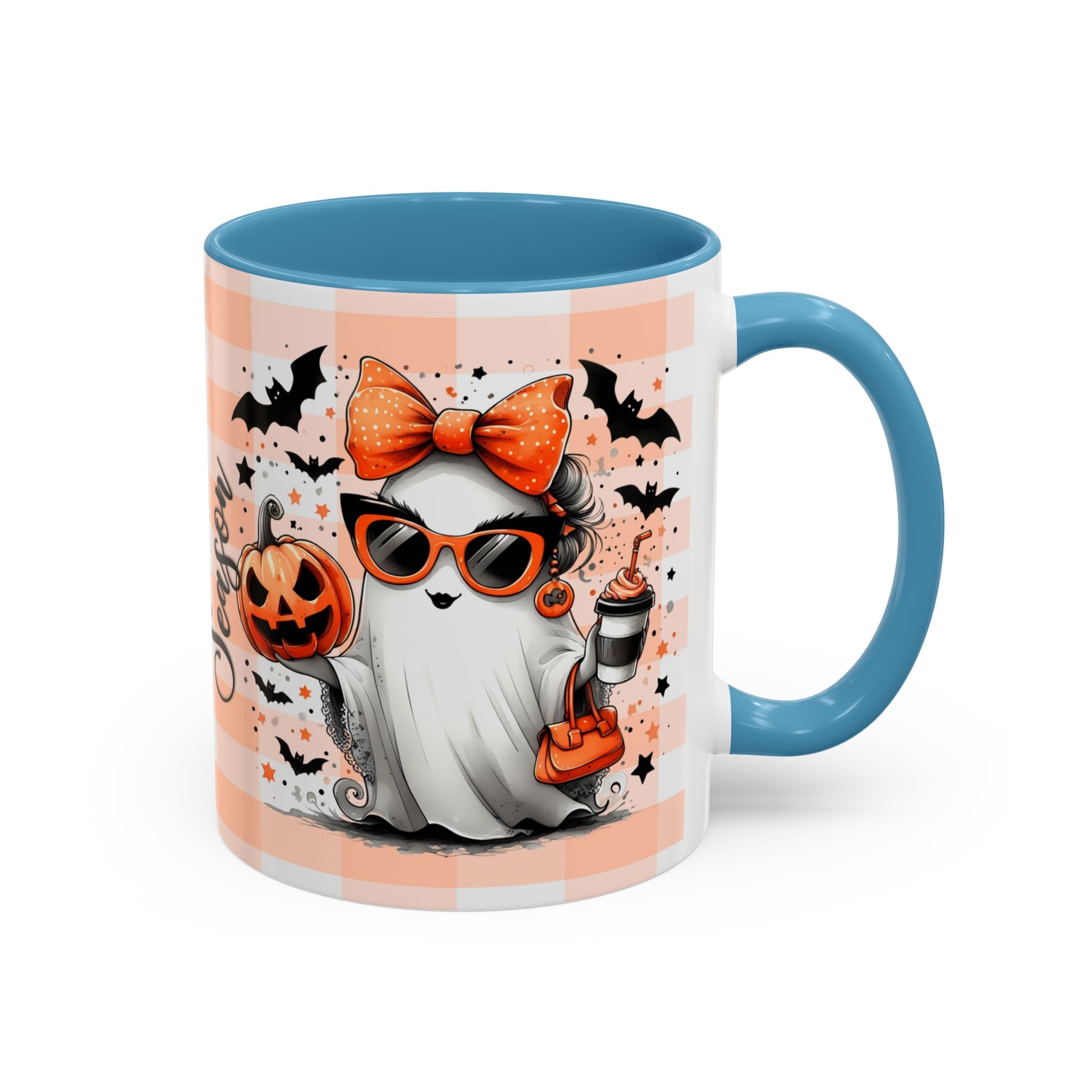 Spooky Season Accent Coffee Mug — Cute Halloween Ghost with Pumpkins (11/15oz)