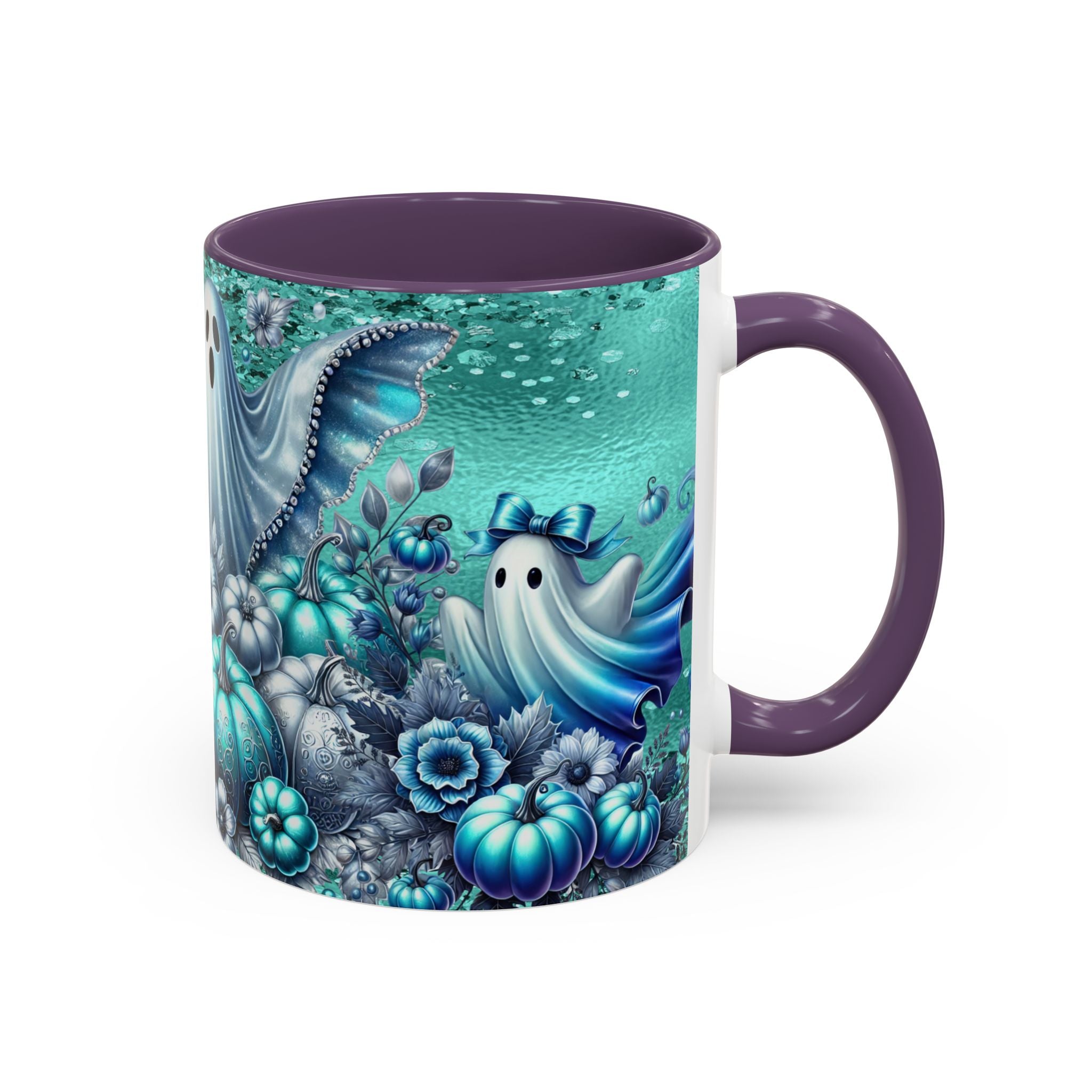 Teal Ghosts & Pumpkins Coffee Mug — Halloween Accent Mug (11/15 oz)