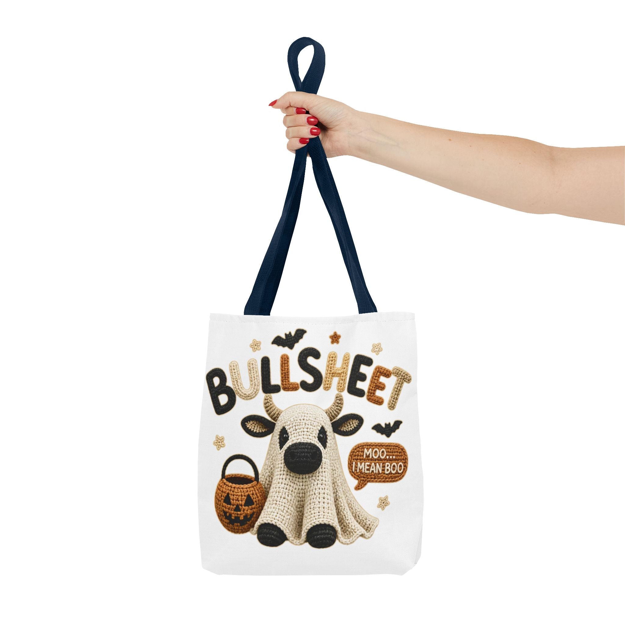 Bullsheet Halloween Faux Crochet Tote Bag — Cute Cow Ghost Trick-or-Treat Bag