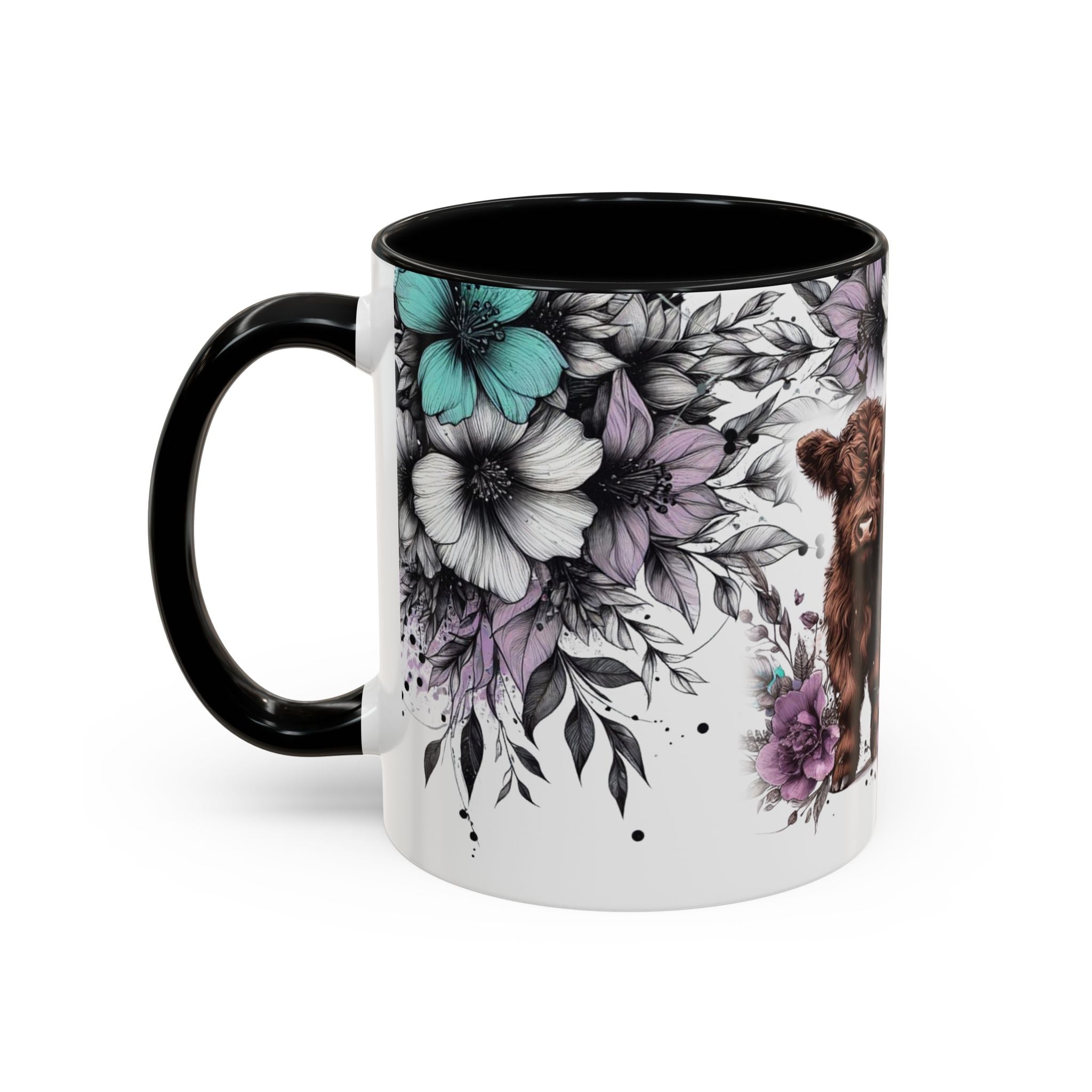 Highland Cow Floral Accent Coffee Mug — Cute Rustic Farmhouse Kitchen Gift