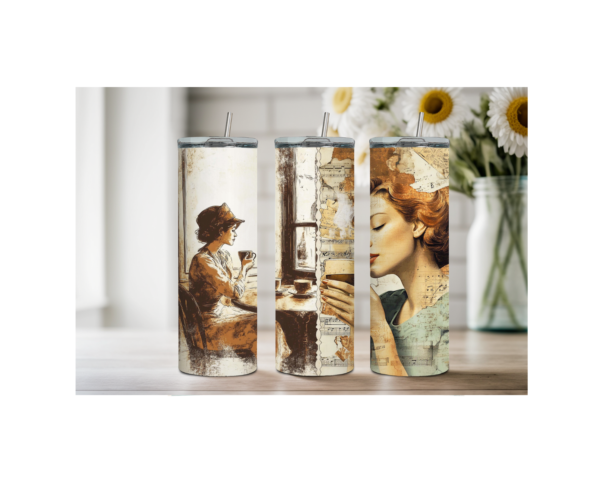Three artistic 20 oz stainless steel coffee tumblers showcasing unique designs and stylish straws.