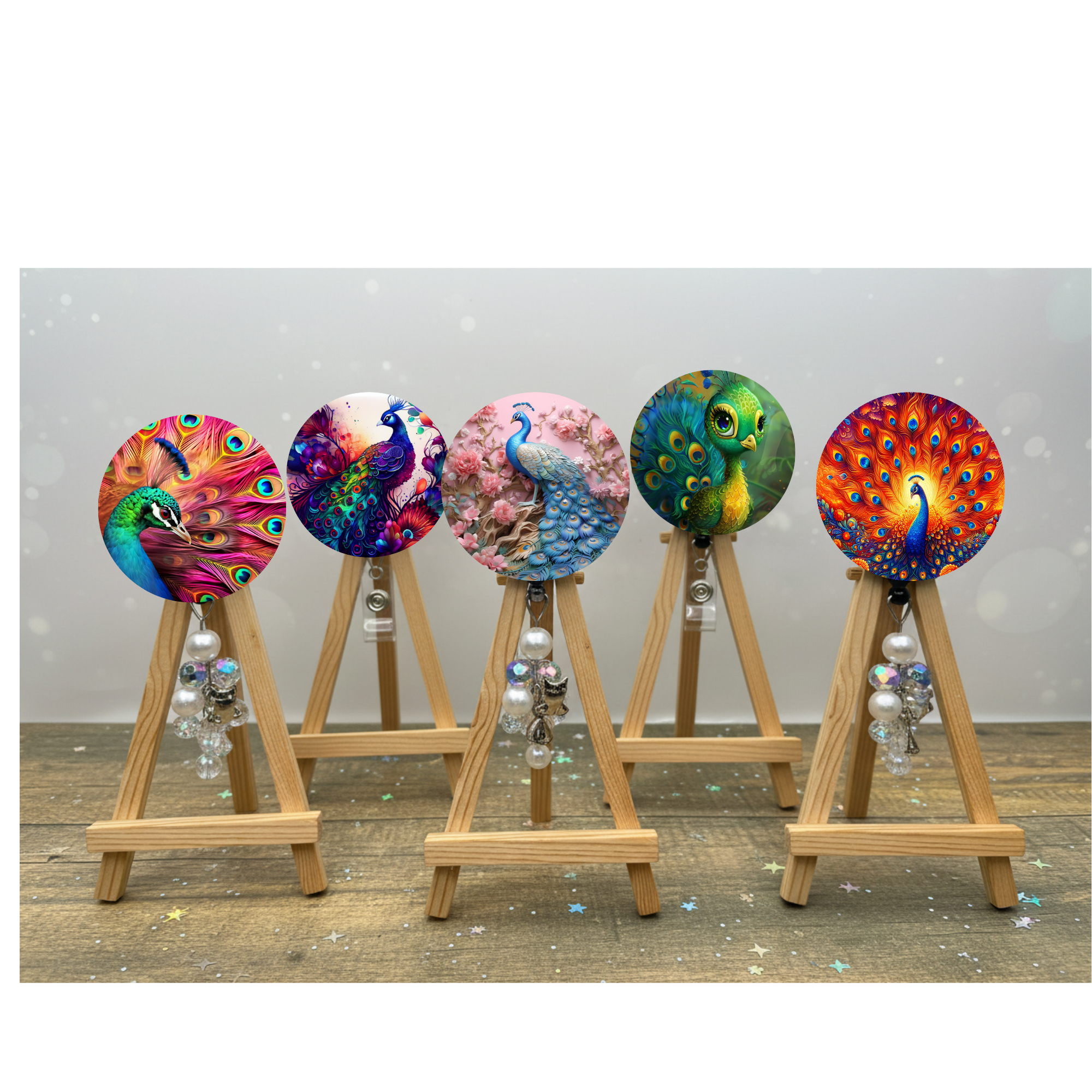 Colorful peacock badge pulls with glitter displayed on easels, showcasing artistic designs and decorative beads.